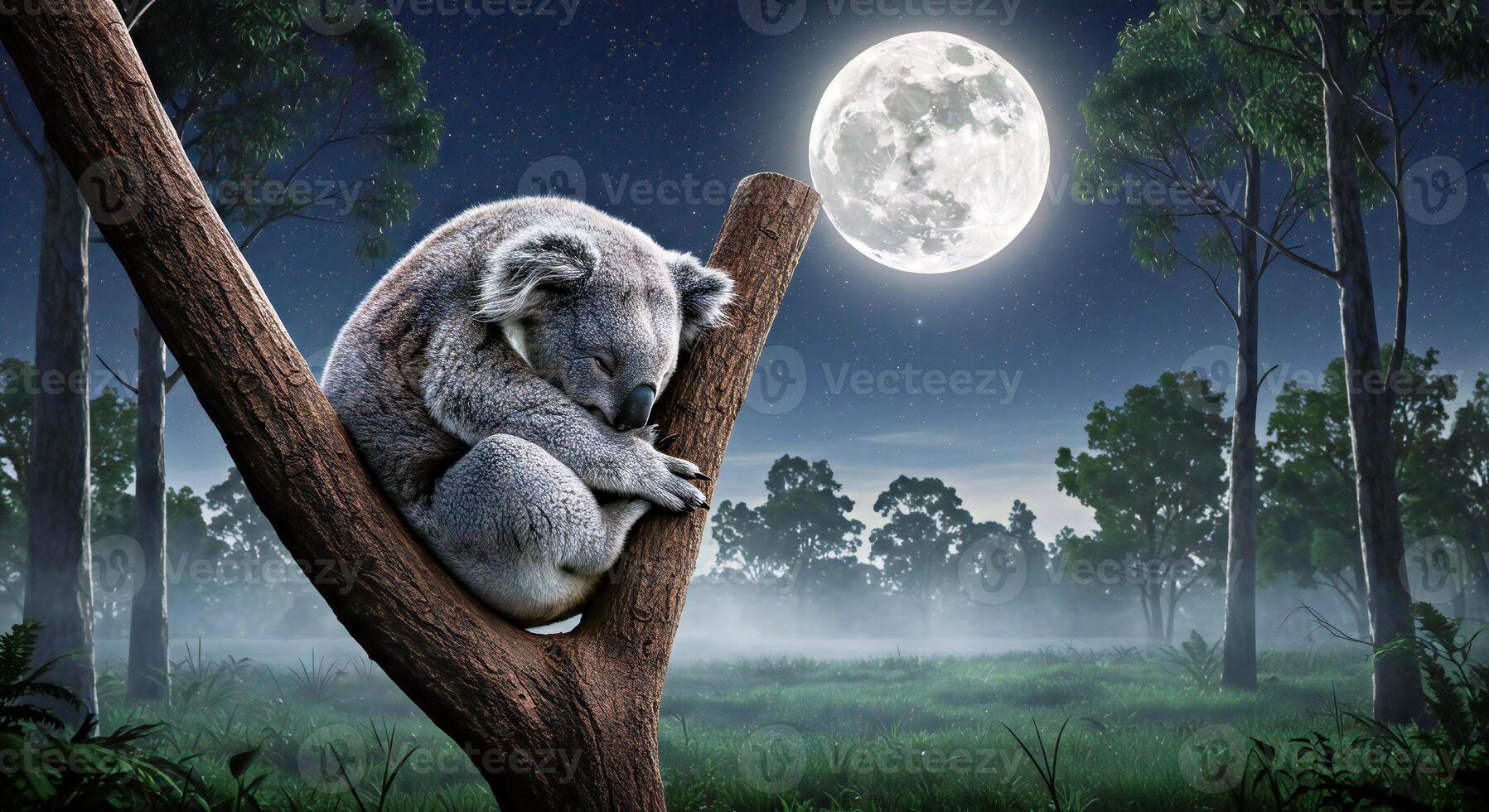 Koala bear sleeping on a tree branch at night photo