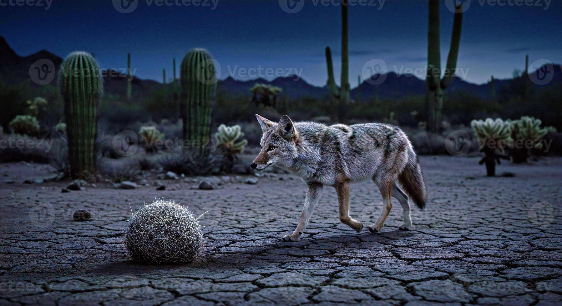 A coyote walks through a desert area with a cactus photo