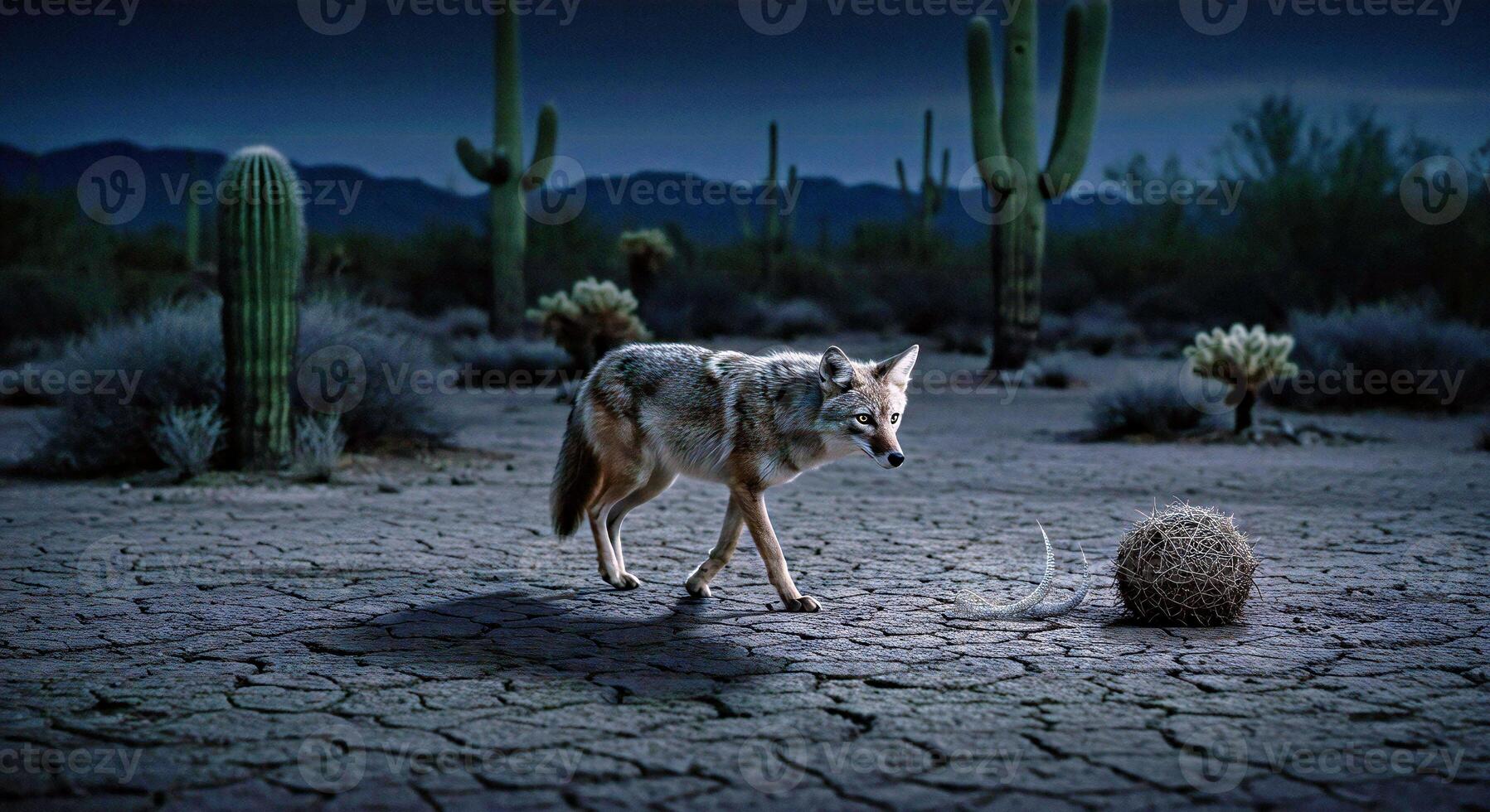 A coyote walks through a desert area with cactus plants photo