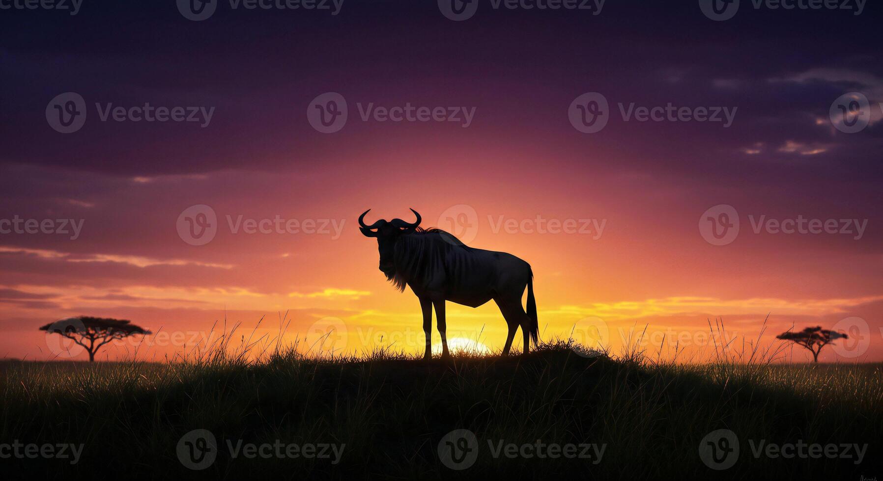 A large animal standing in the grass at sunset photo