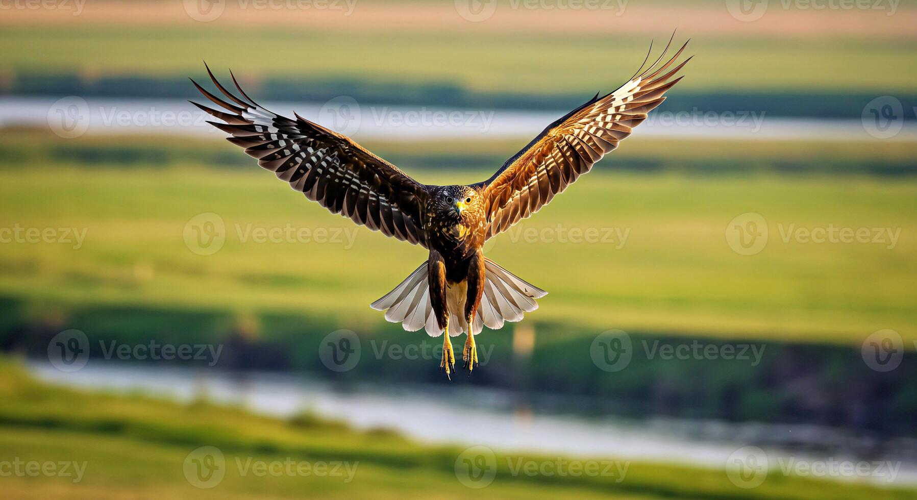 A hawk flying over a field with grass and water photo
