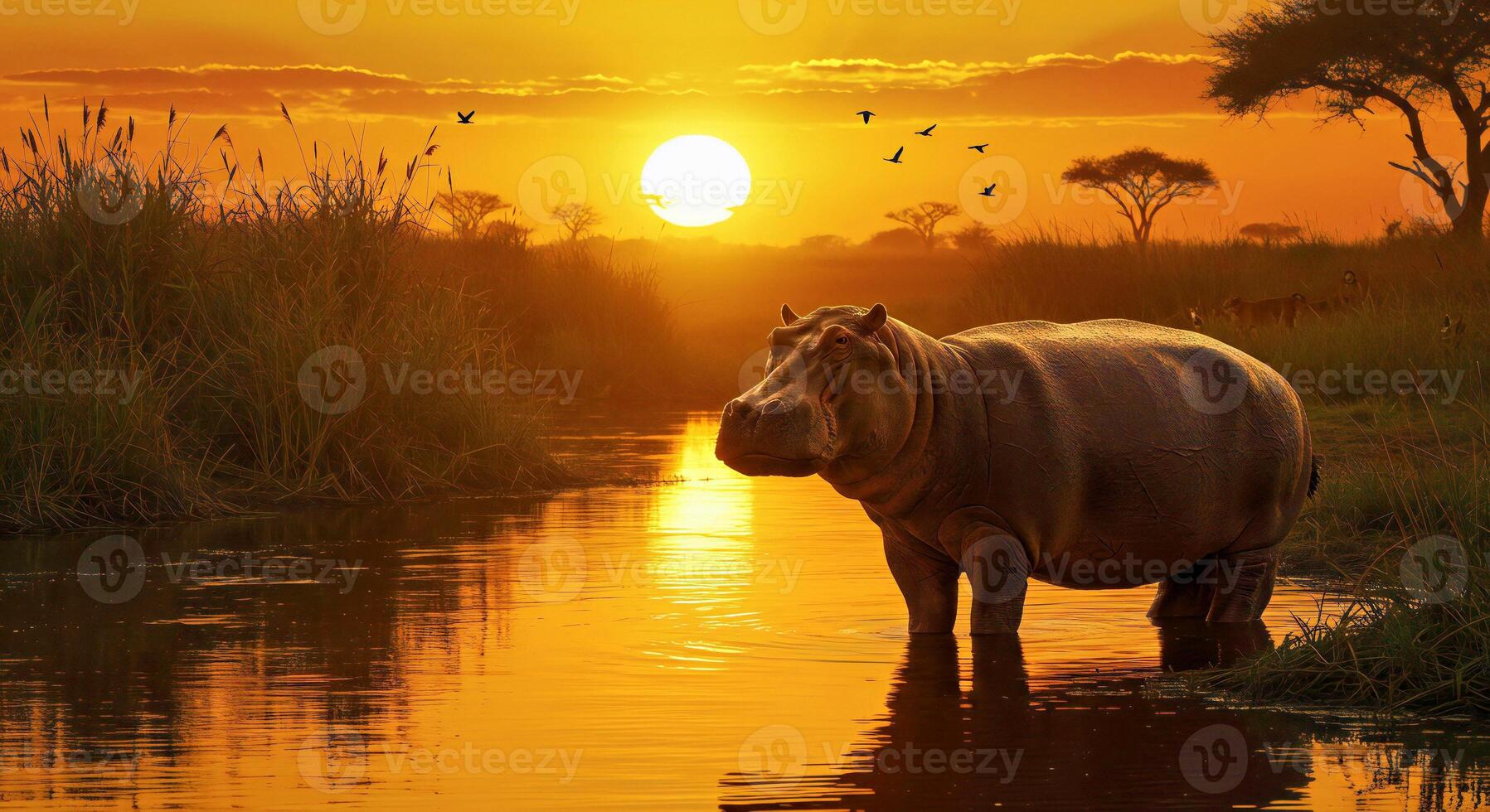A hippo standing in water at sunset photo