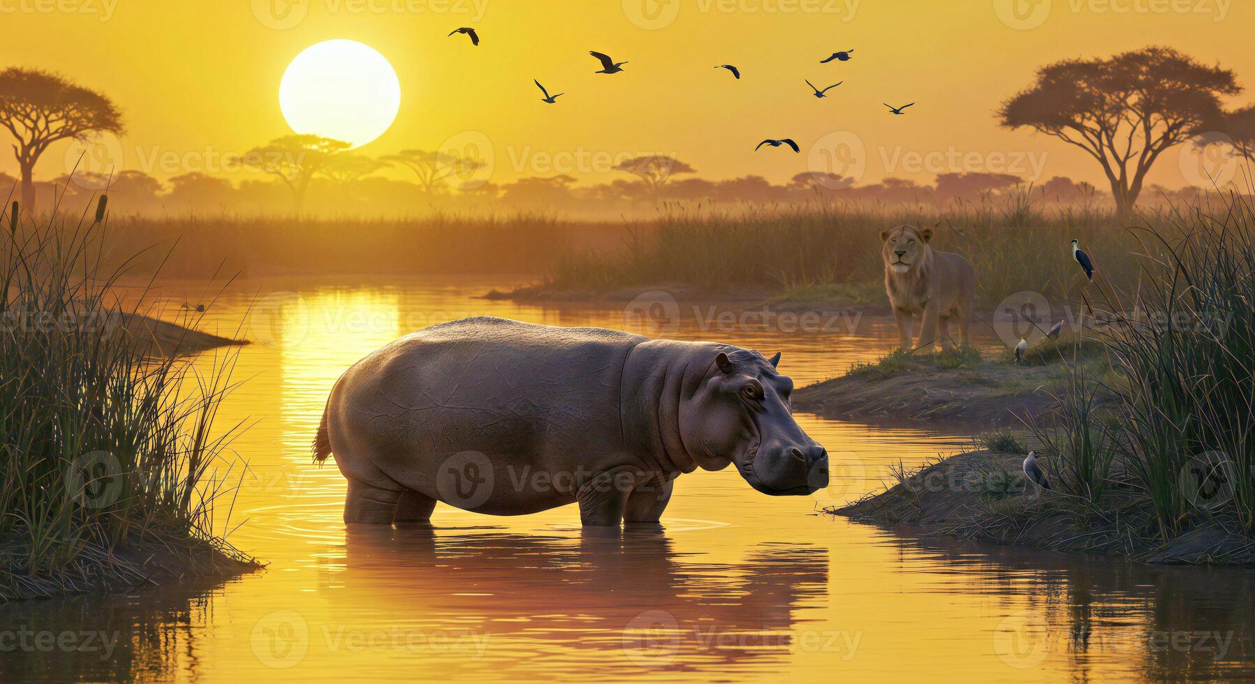 A hippo is standing in the water at sunset photo