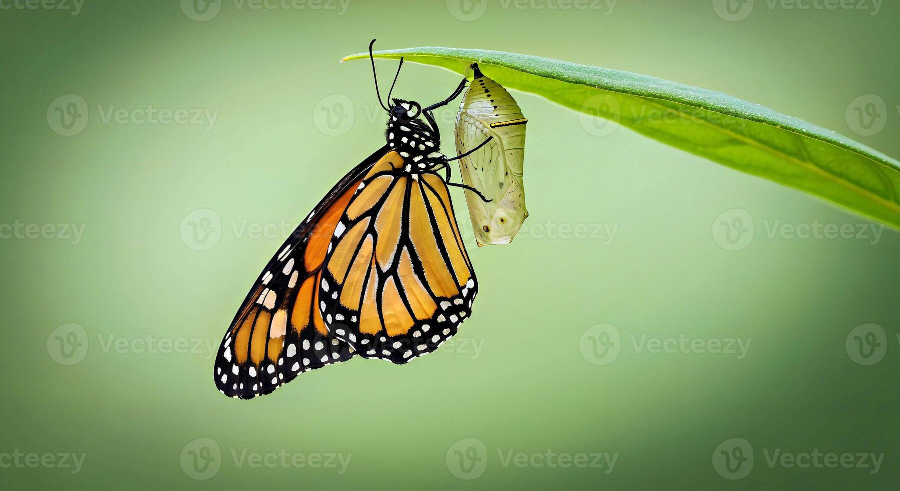 A monarch butterfly is emerging from its chrysalis photo