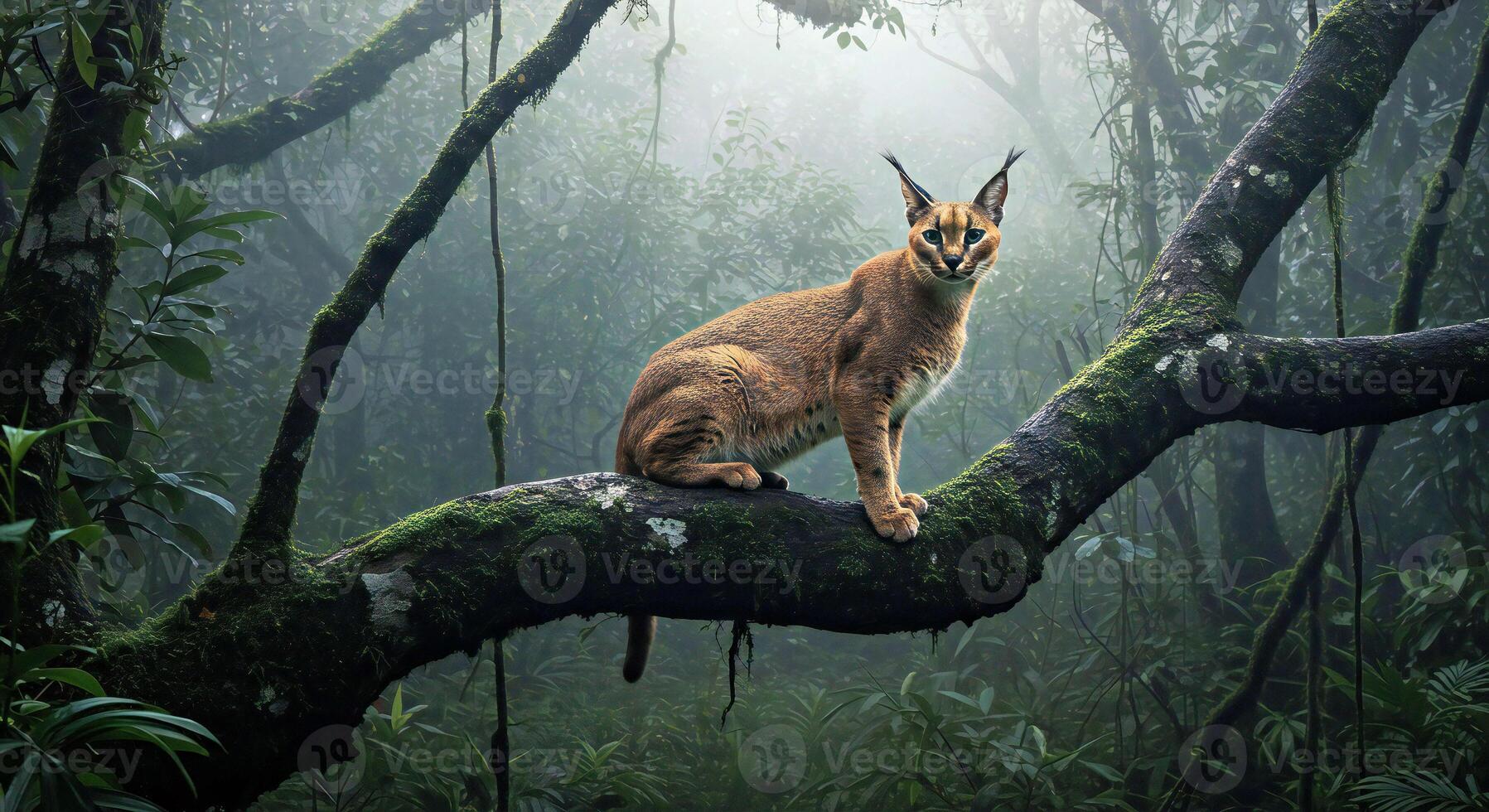 A caracal cat is sitting on a tree branch photo