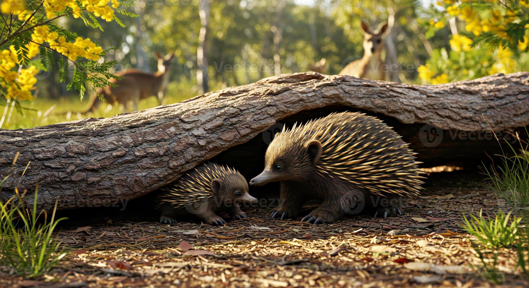 A pair of echidnas are standing under a log photo