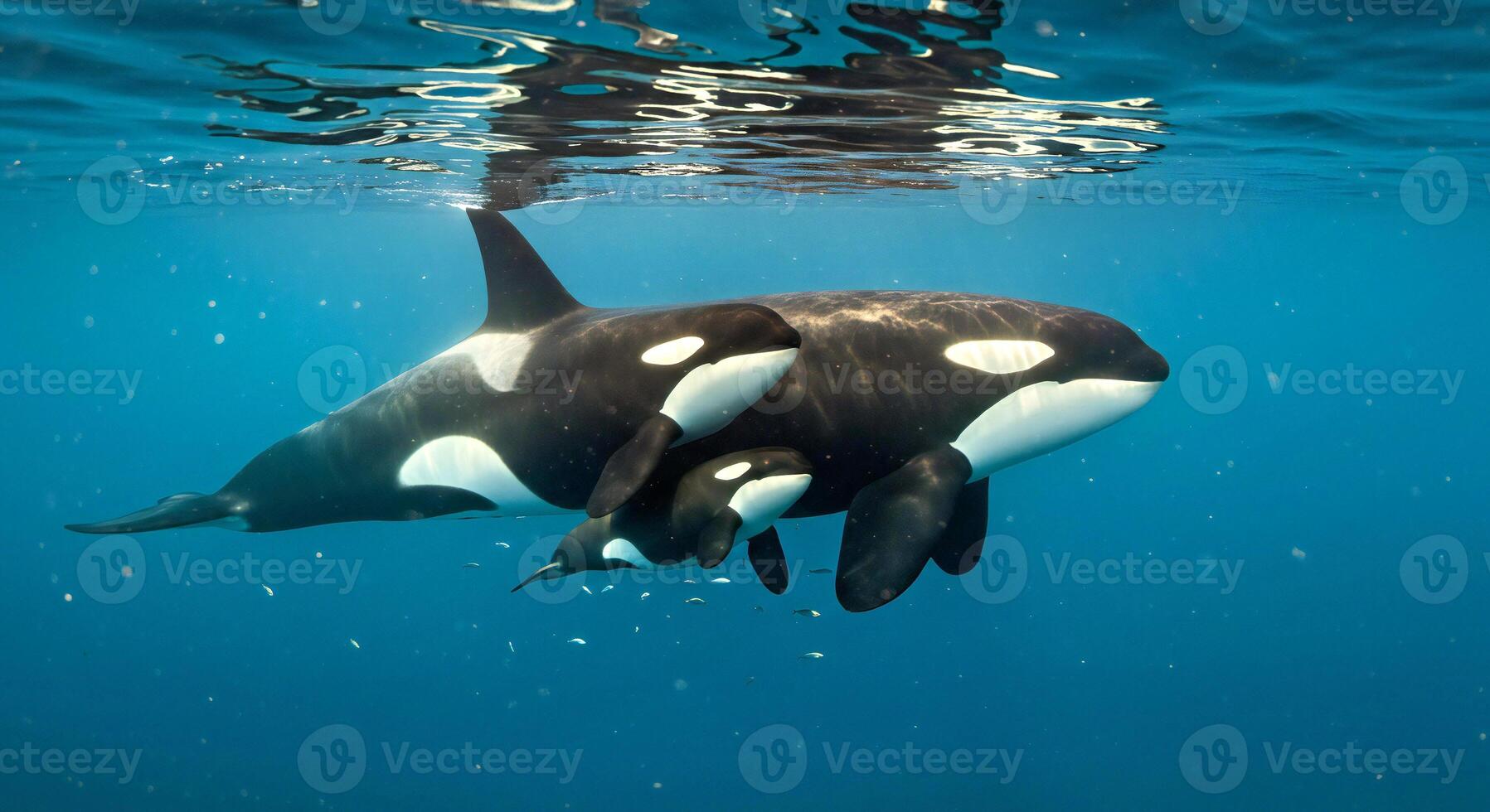 Killer whale mother and calf in the ocean photo