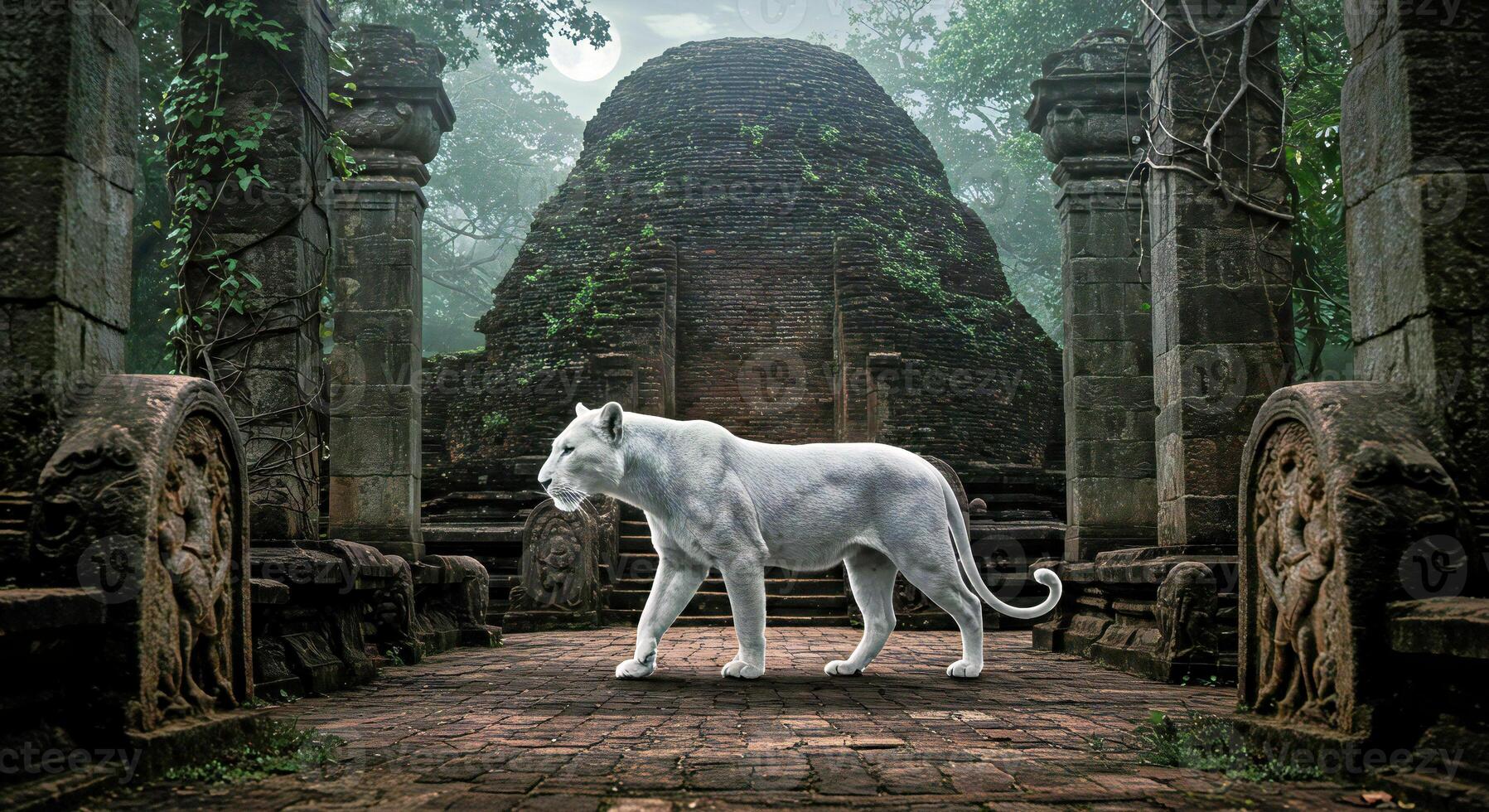 A white tiger walking on a stone path photo