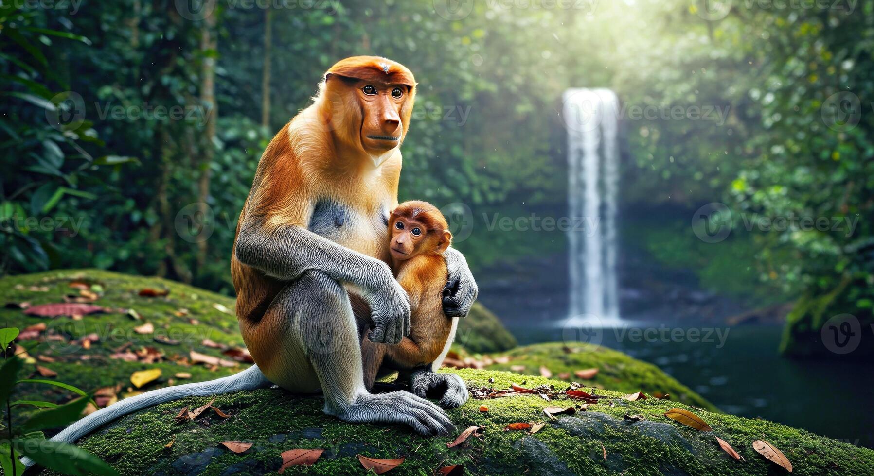 A monkey and her baby sit on a rock in front of a waterfall photo