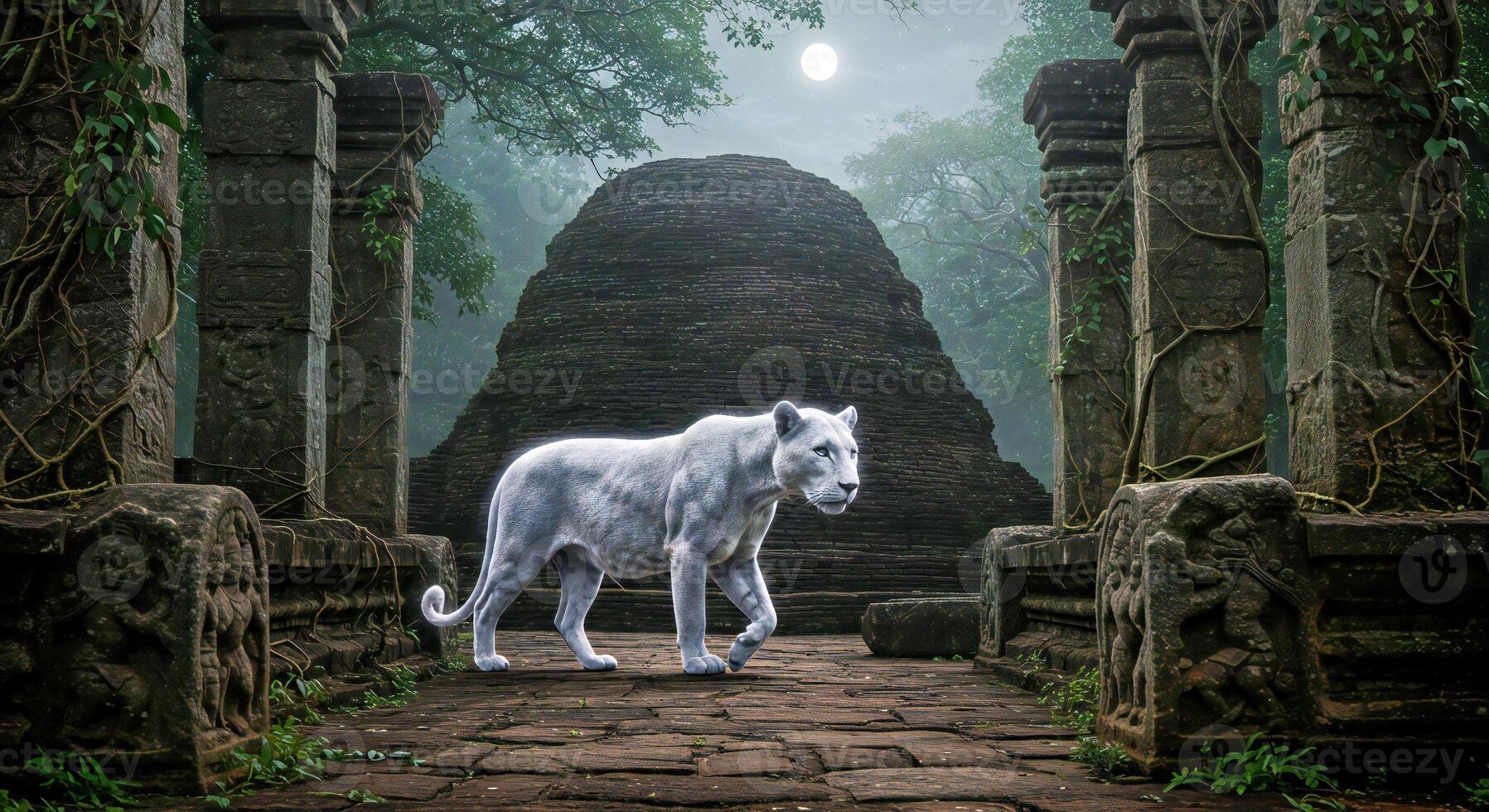 A white tiger standing in front of a temple photo