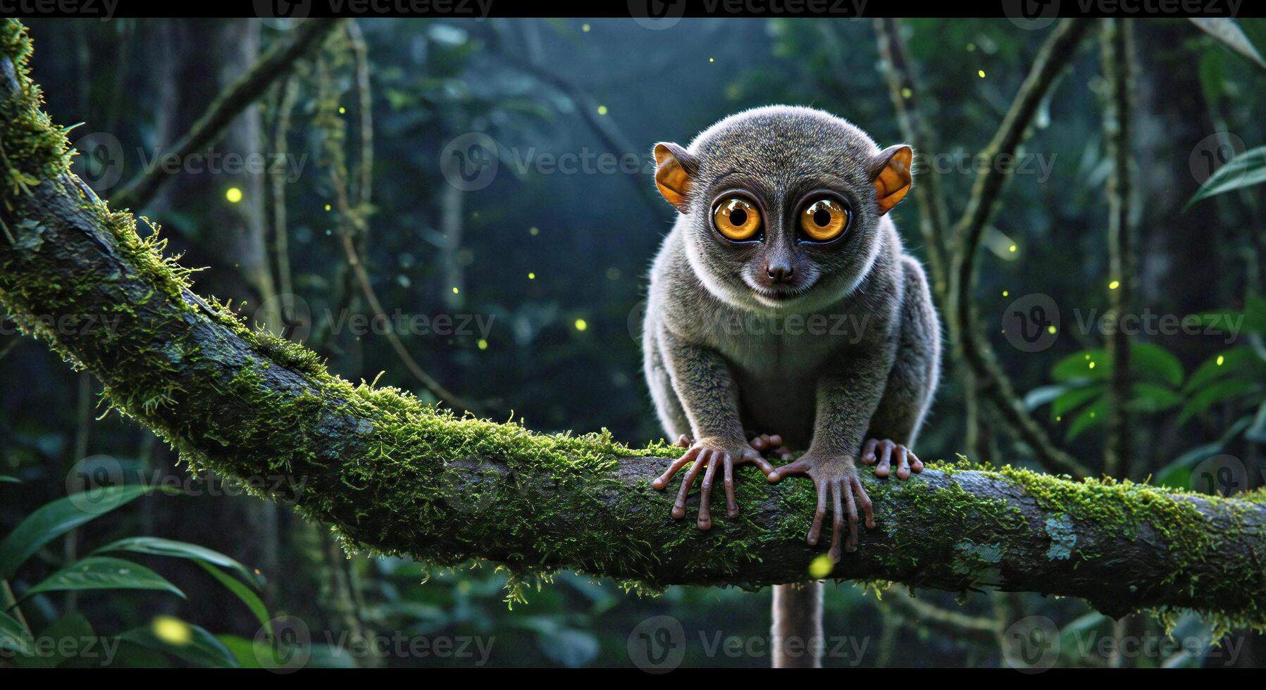 A small monkey sitting on a branch in the forest photo