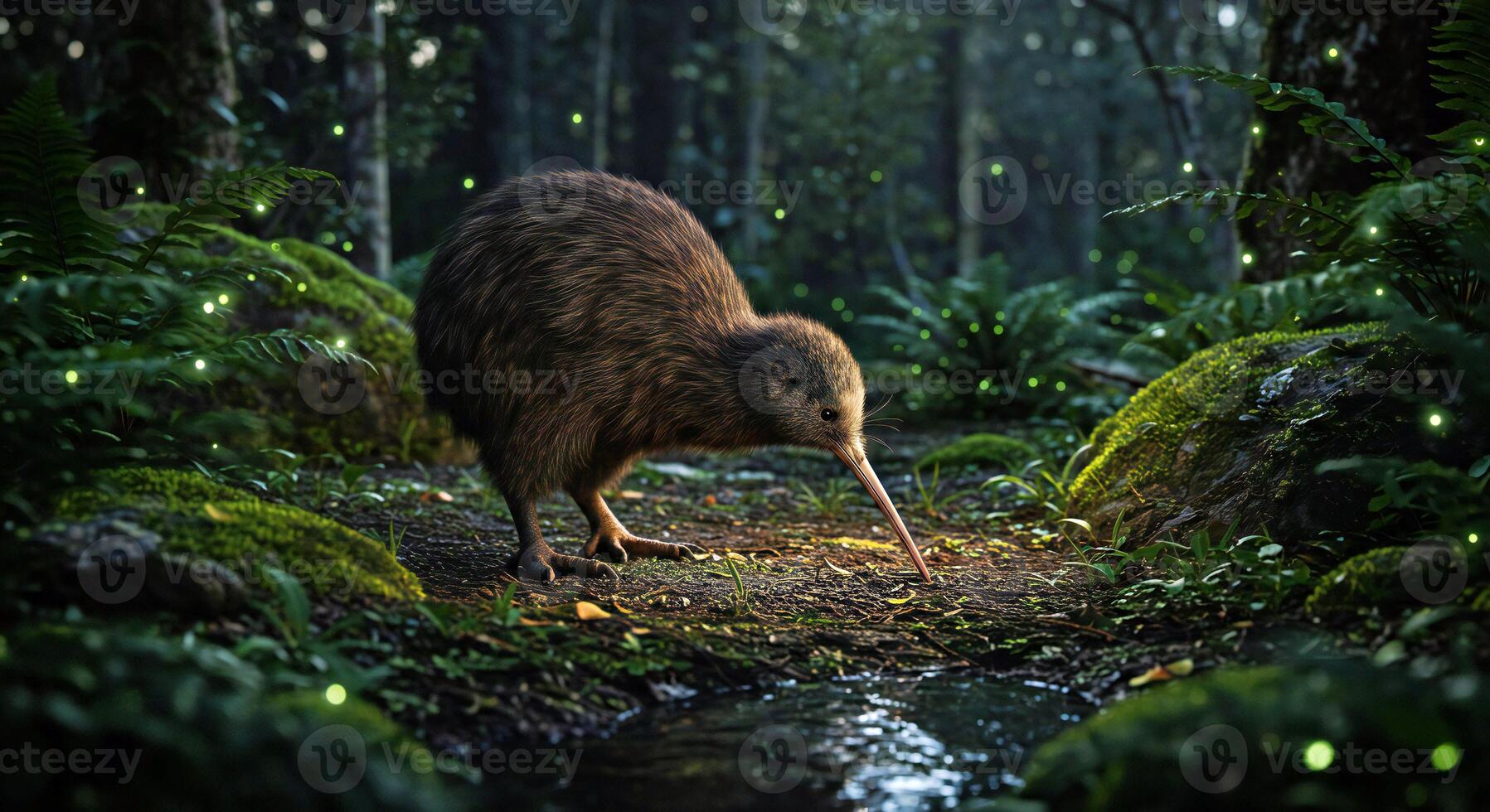 A kiwi is walking through the forest with glowing lights photo