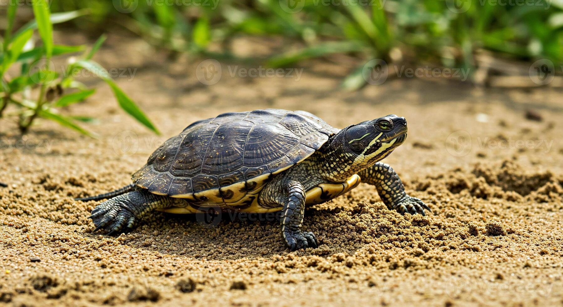 A turtle walking on the sand photo
