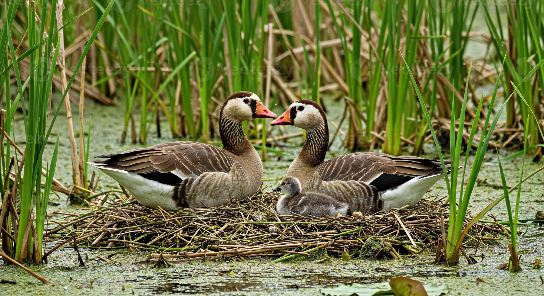 A couple of ducks standing on a nest photo