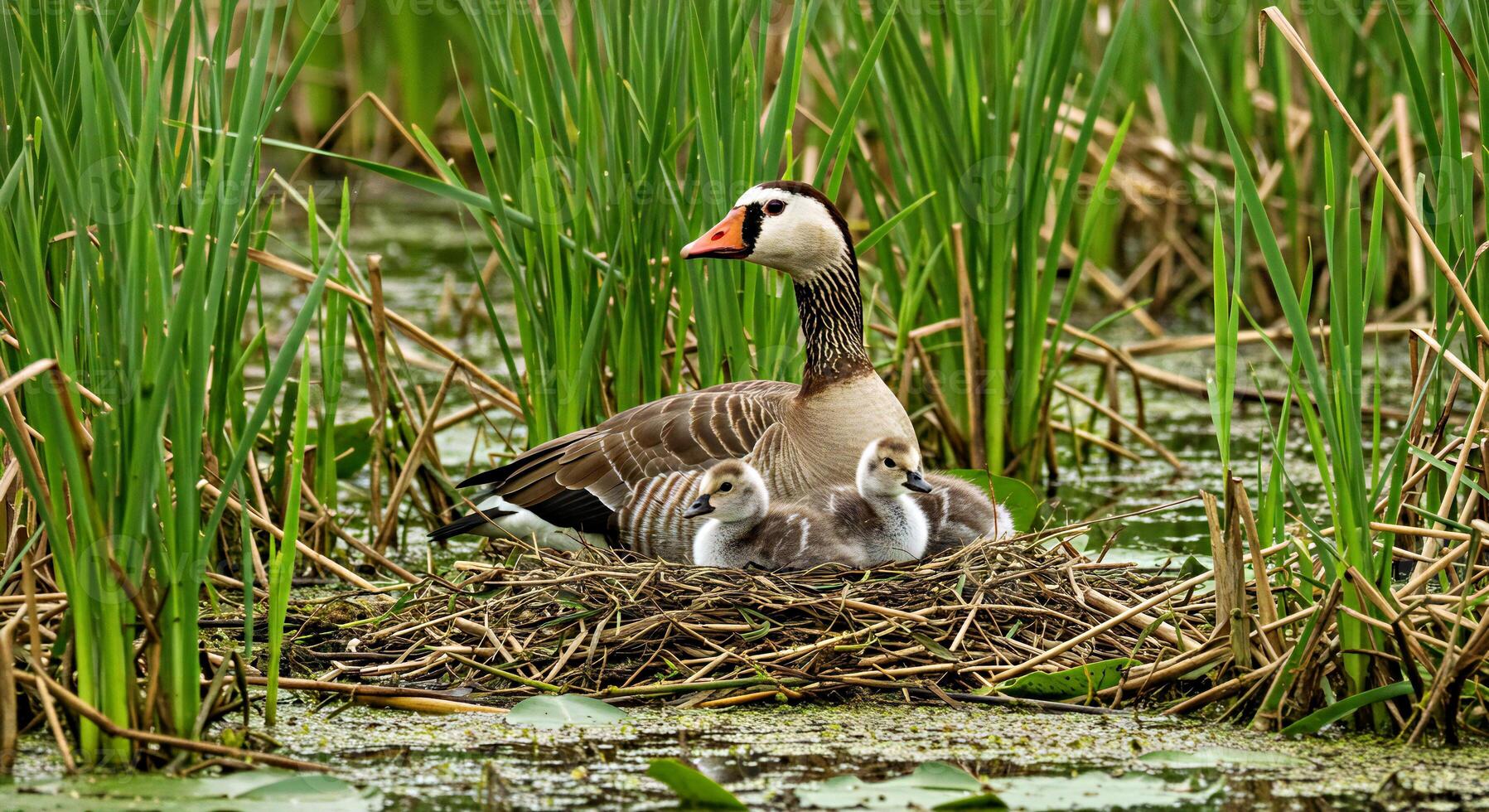 A mother goose and her two babies are in a marsh photo