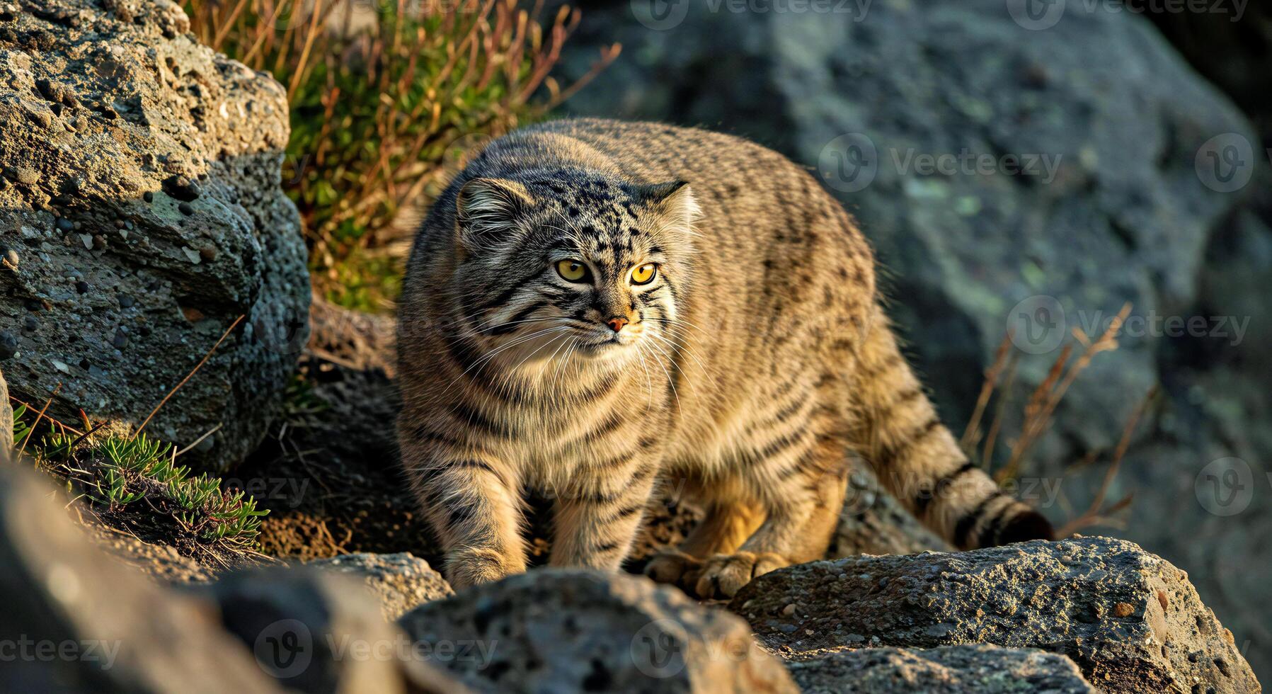 A cat walking on the rocks photo