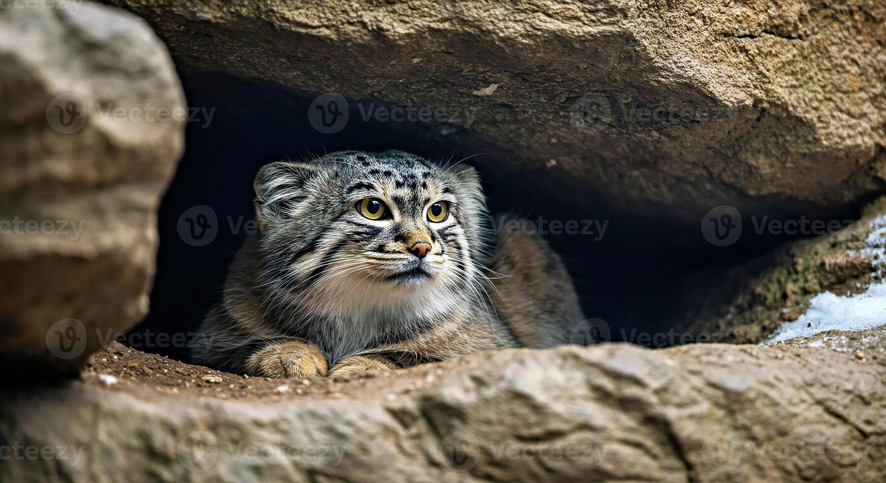 A cat is sitting in a cave looking out photo