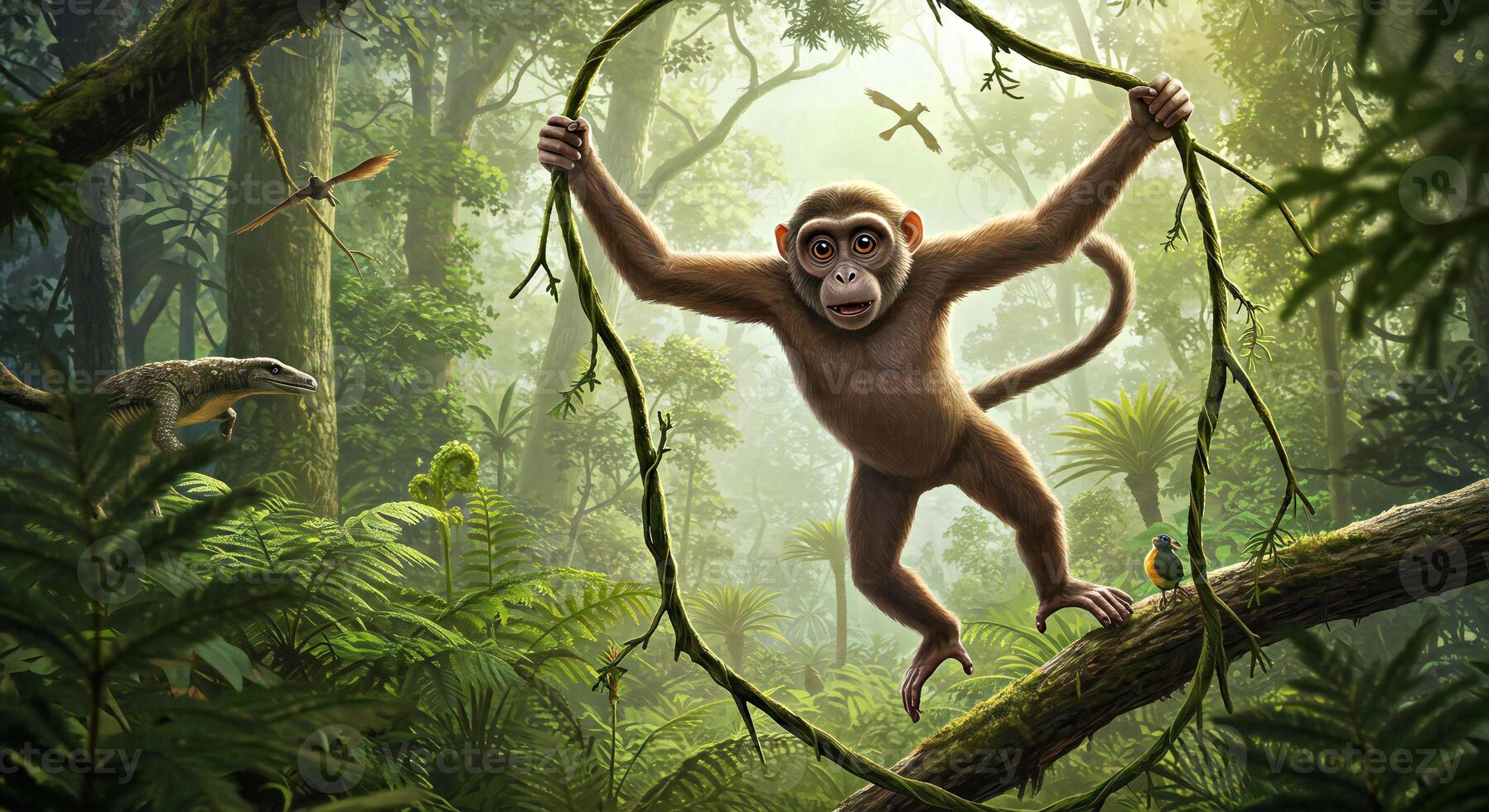 A monkey hanging from a tree in the jungle photo