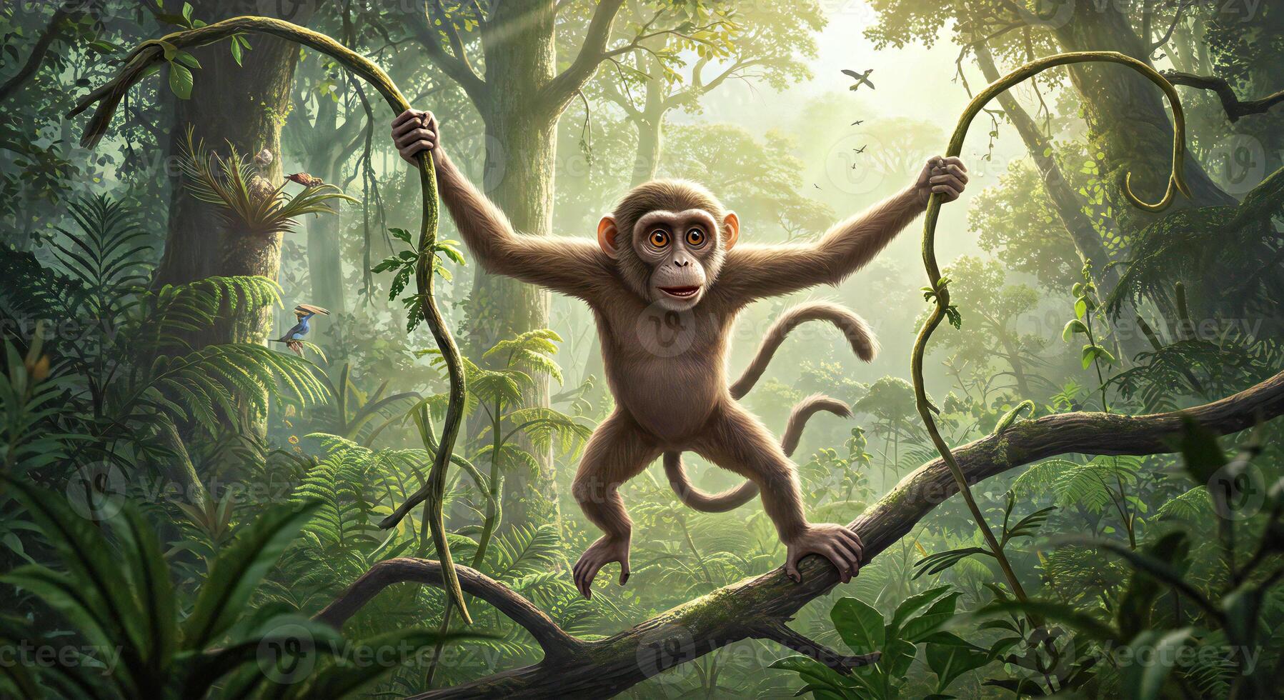 A monkey is hanging from a tree branch in the jungle photo