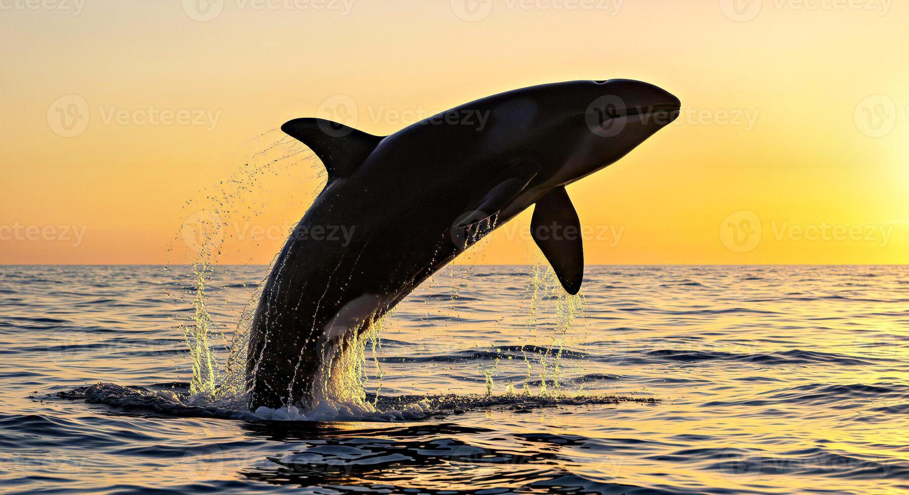 A killer whale is jumping out of the water photo