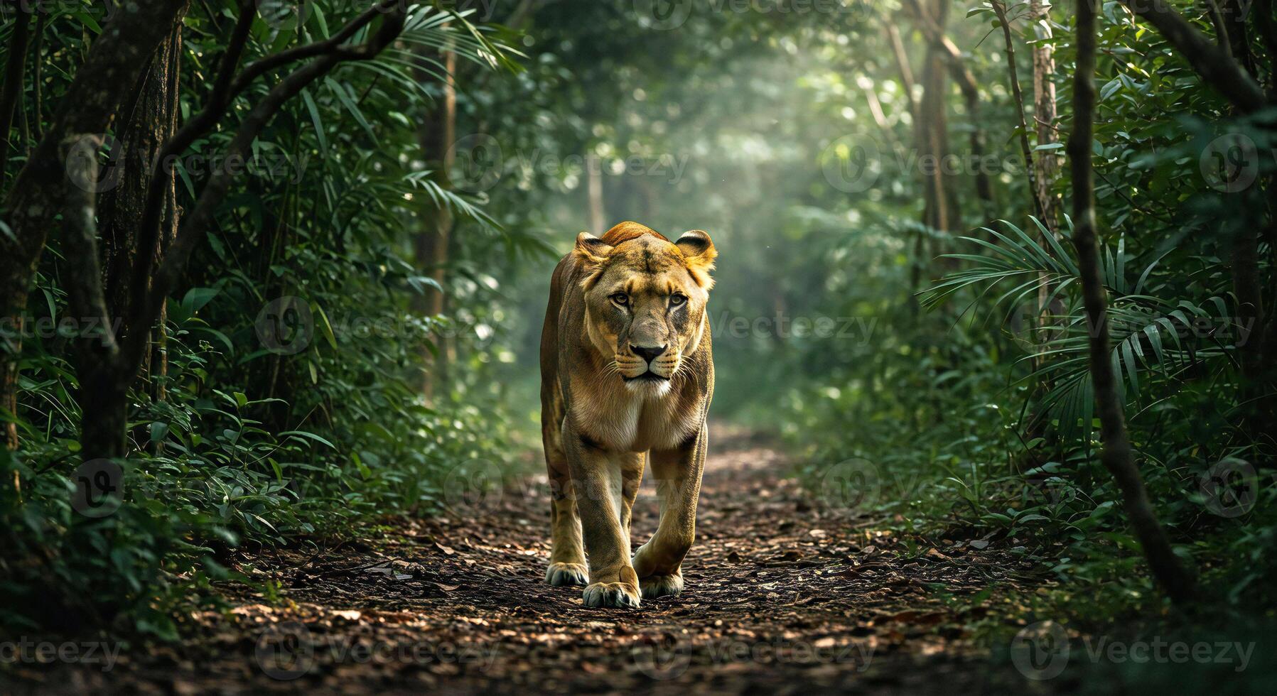 A lion walking through the jungle photo