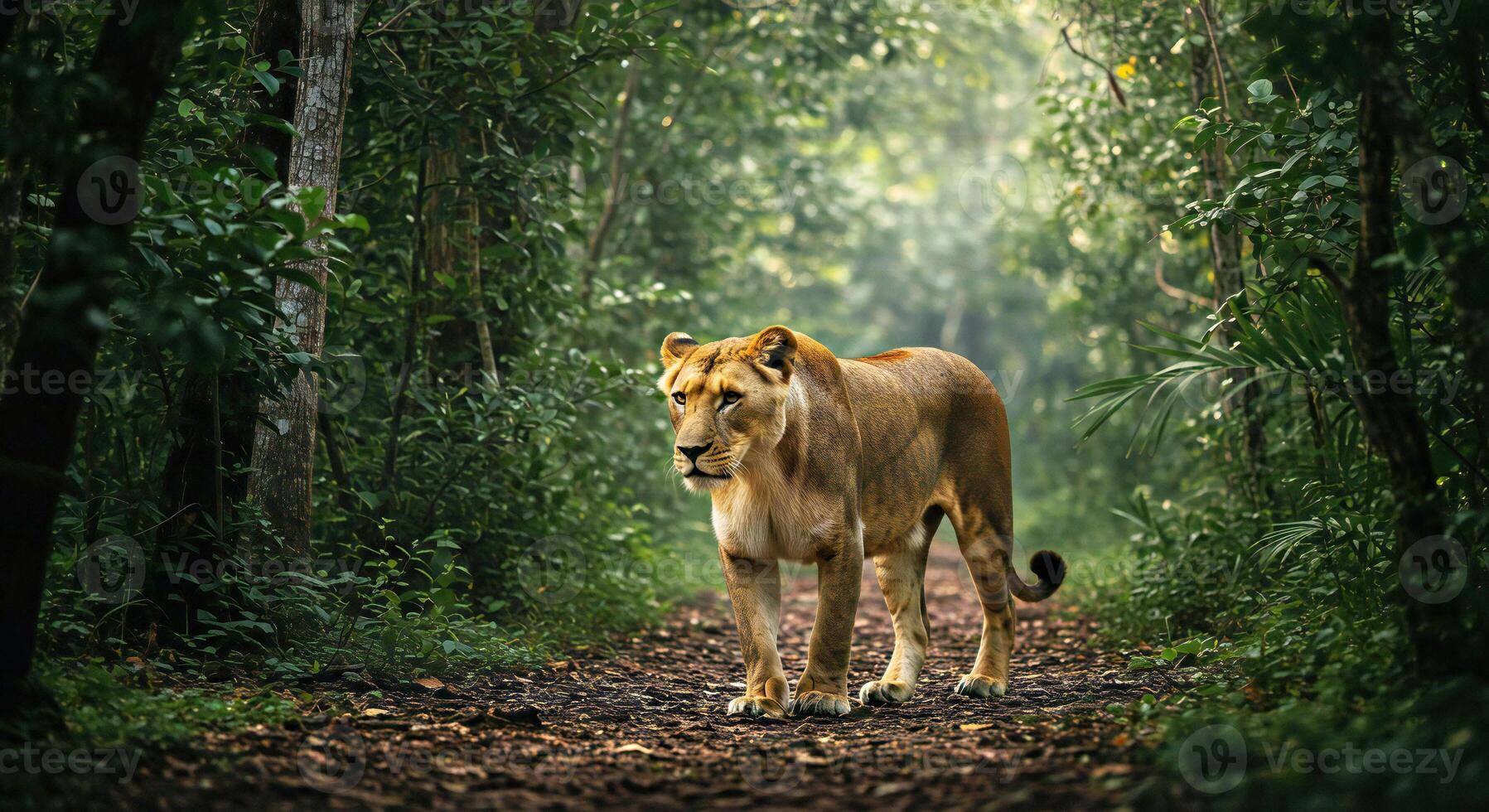 A lion walking through a forest photo