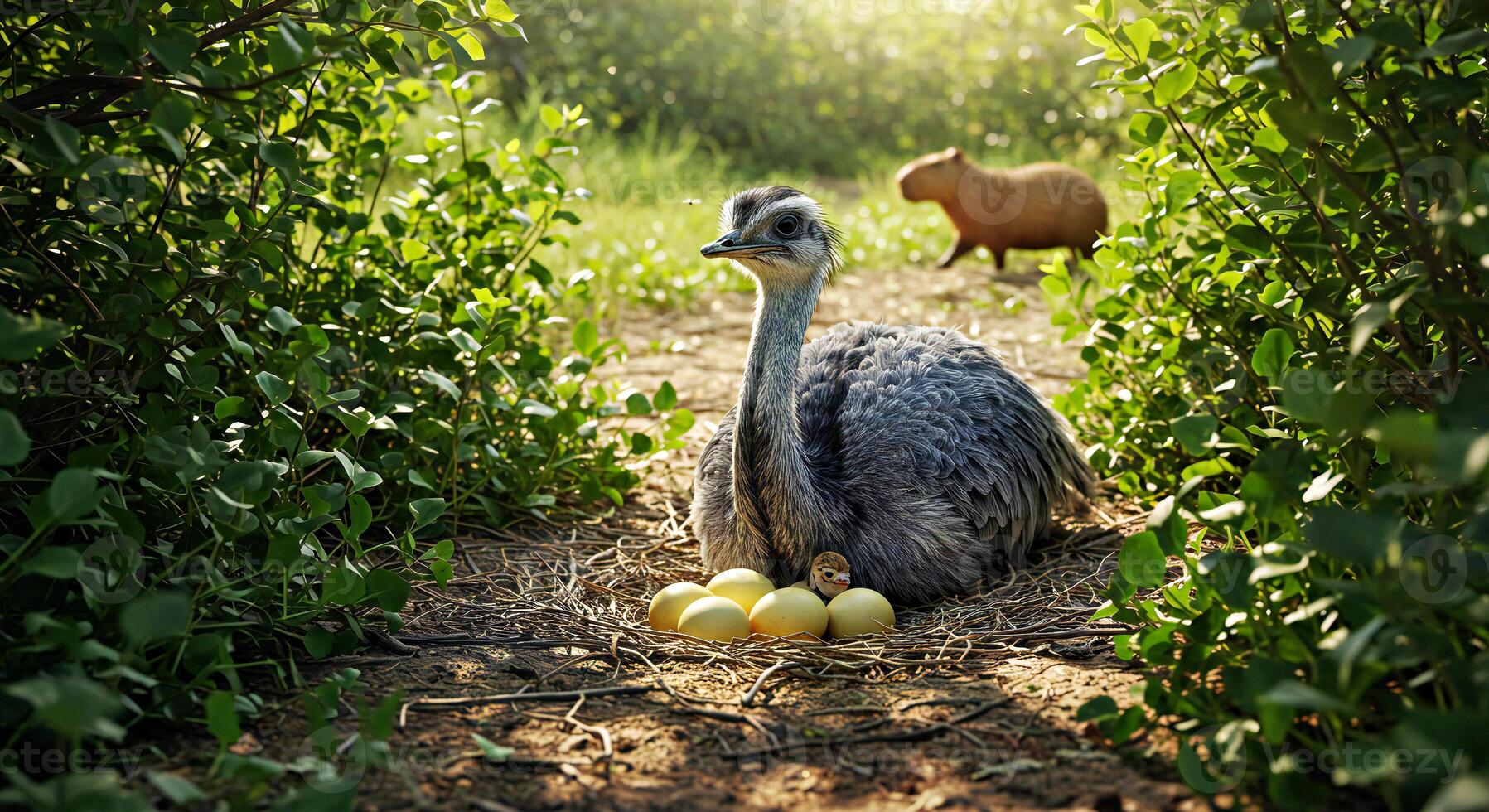 A bird laying eggs in a nest photo