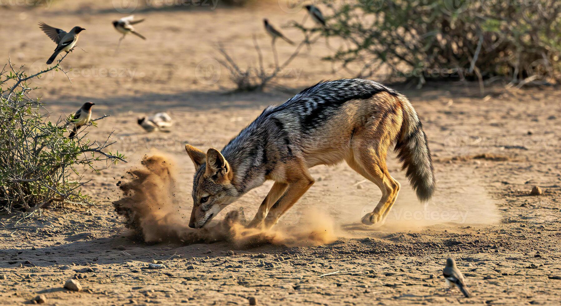 A bird is flying around a dog in the desert photo