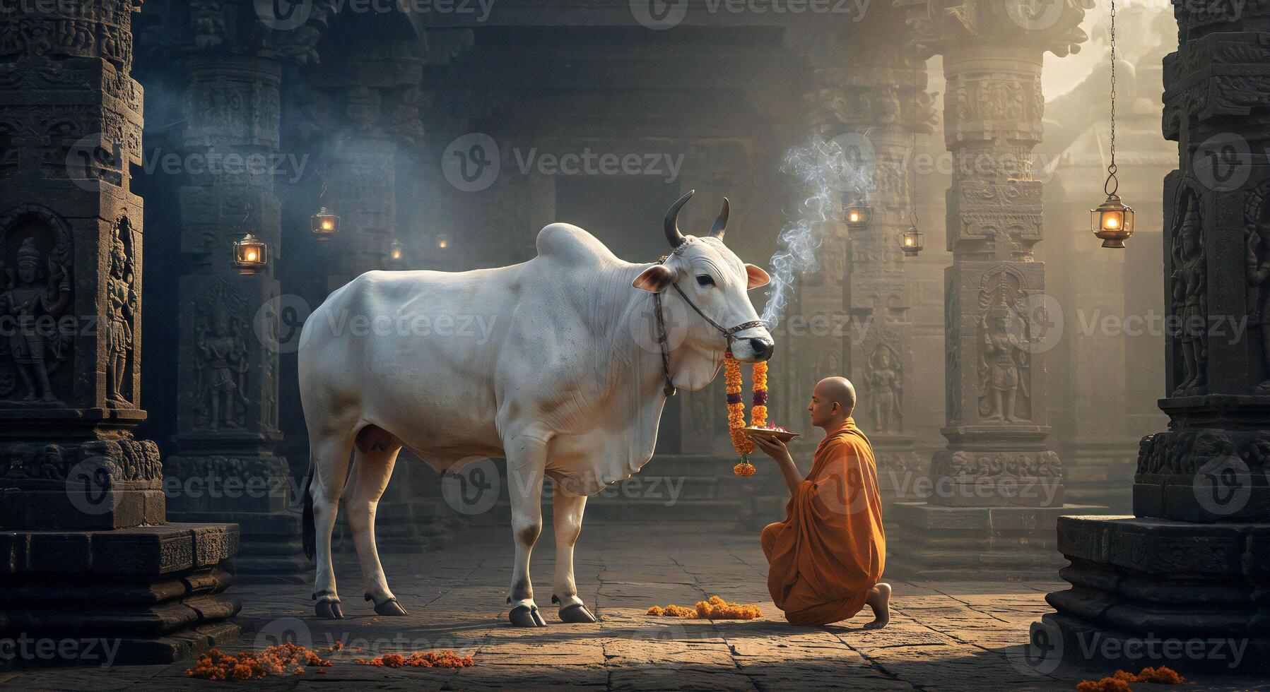 A monk is kneeling down next to a cow photo