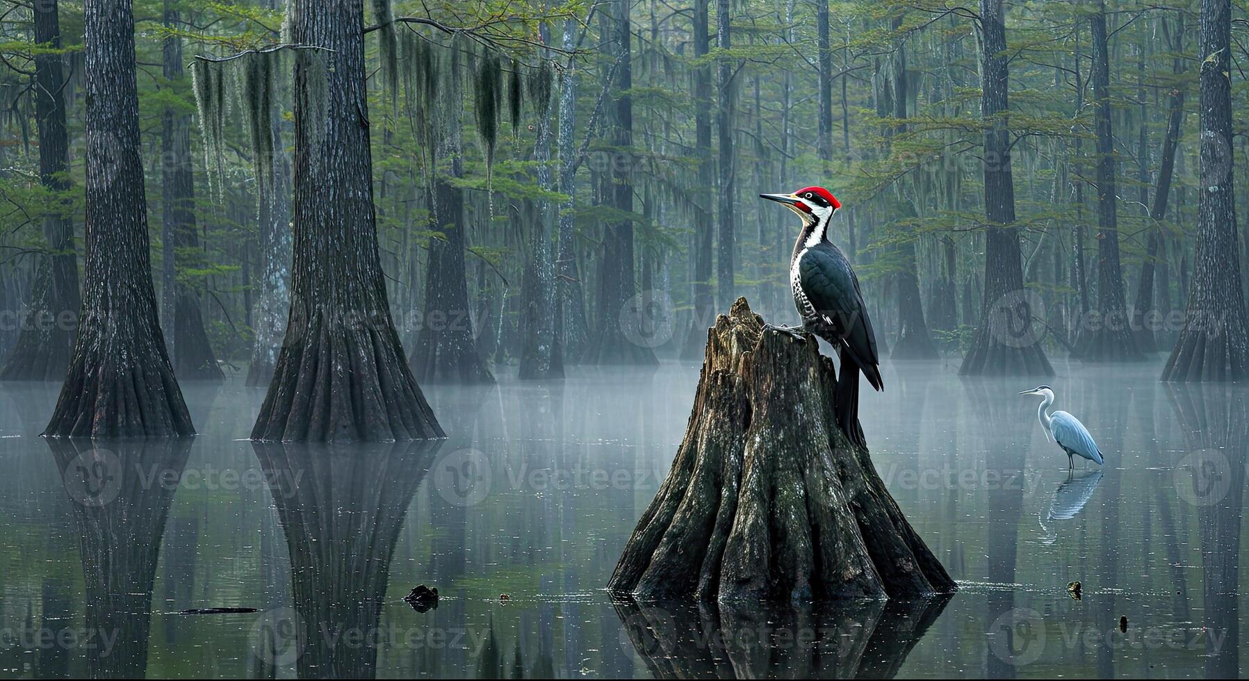 A bird is perched on a tree stump in a swamp photo