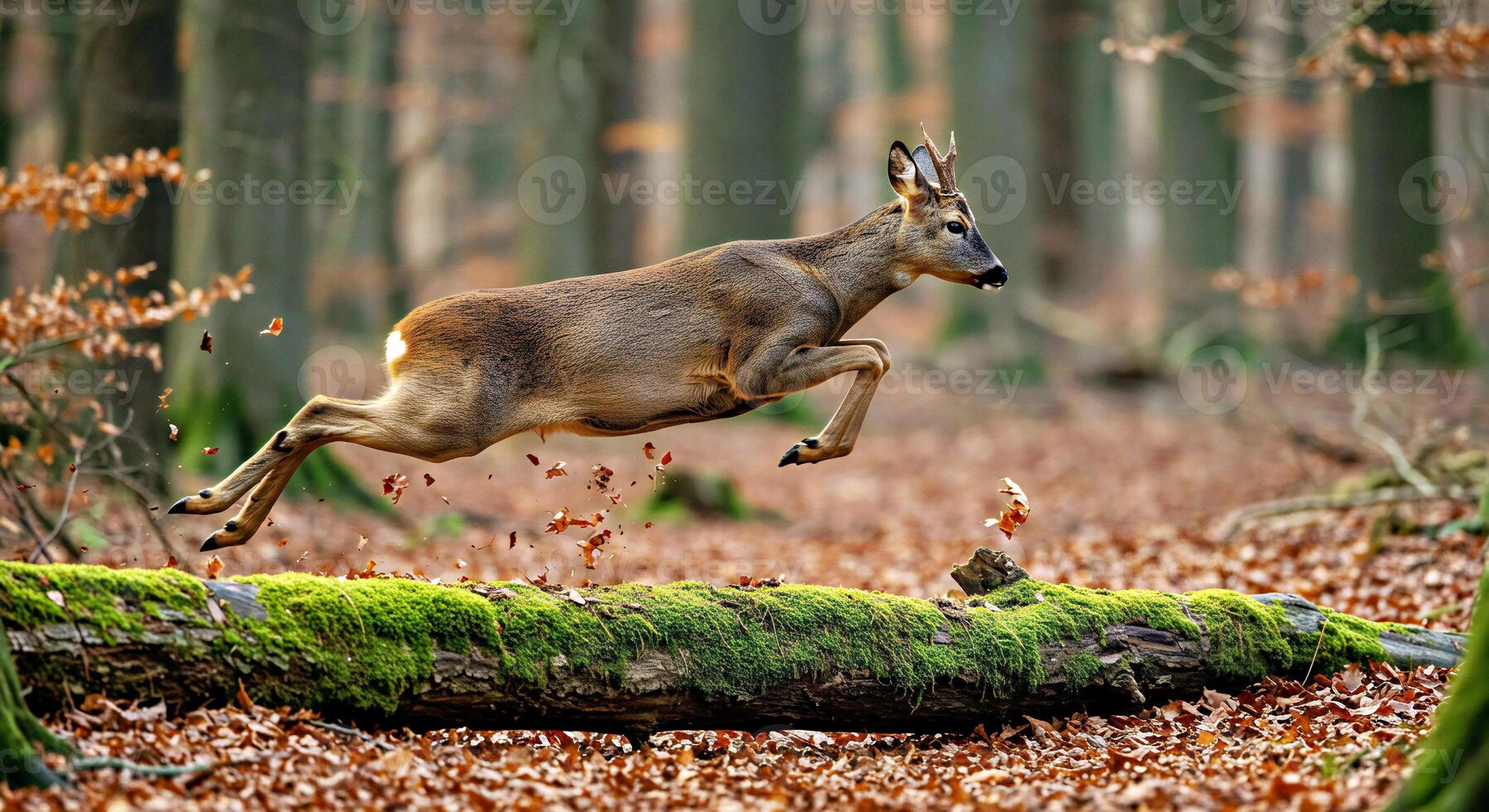 A deer jumping over a fallen log in the woods photo