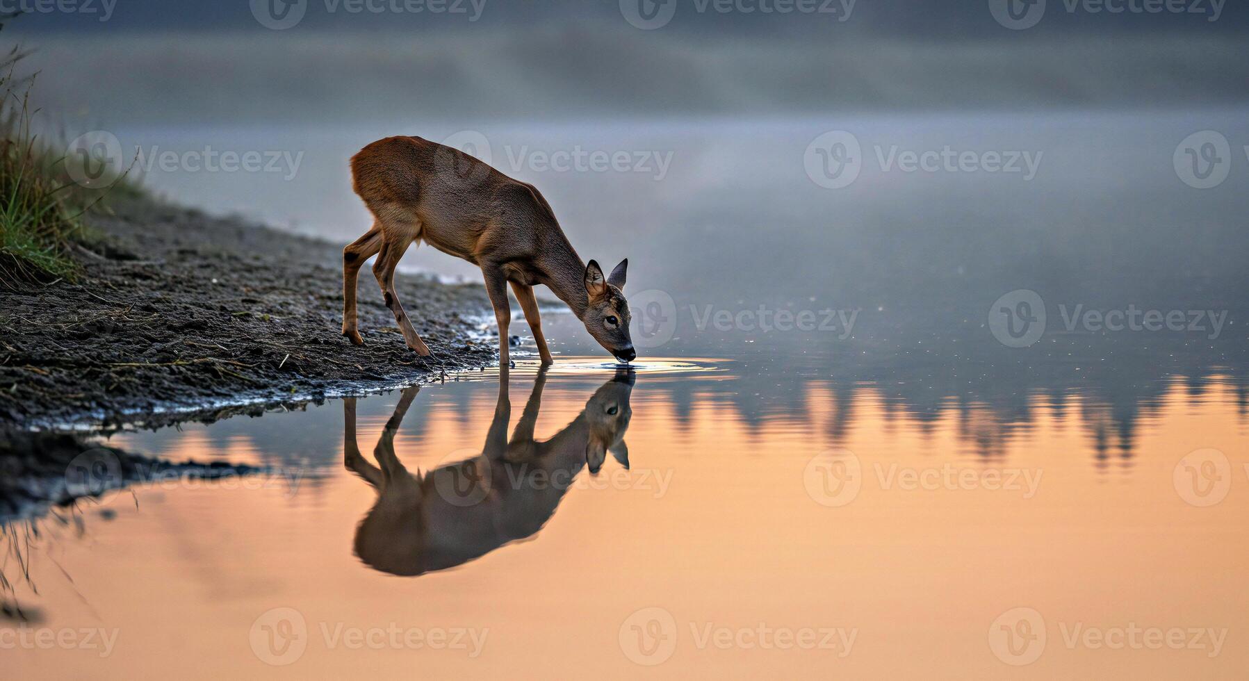 A deer drinking water at sunrise photo