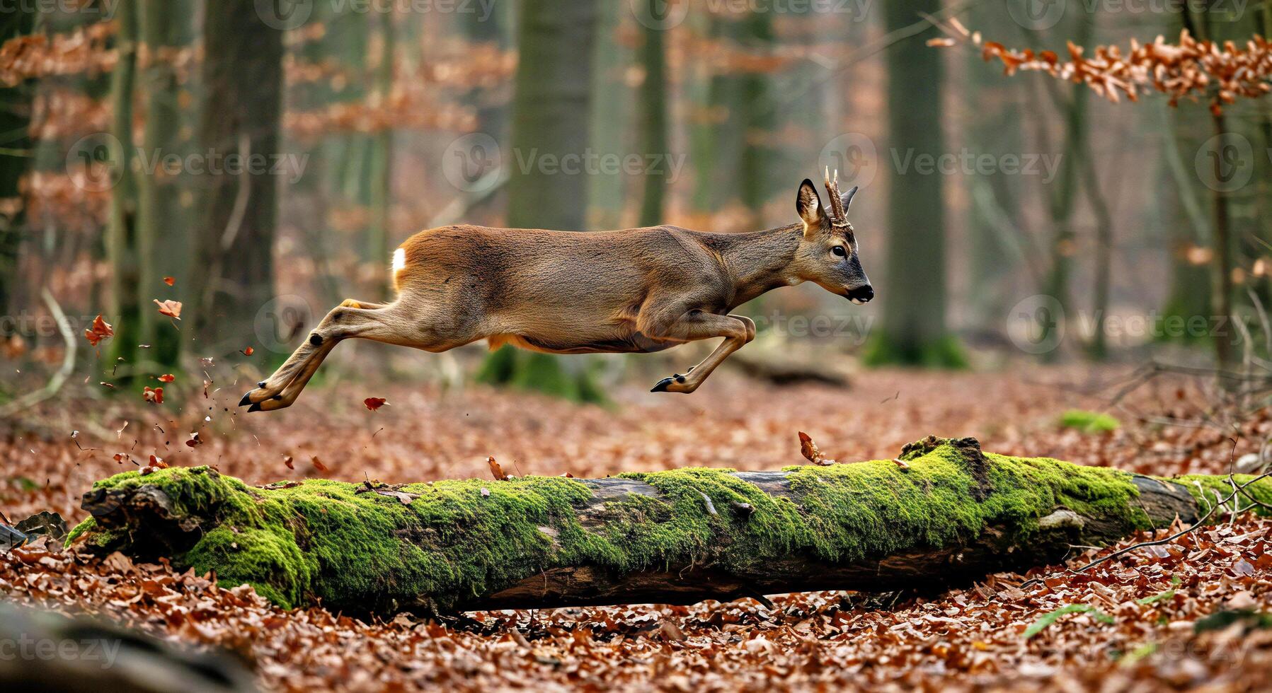 A deer jumping over a log in the woods photo