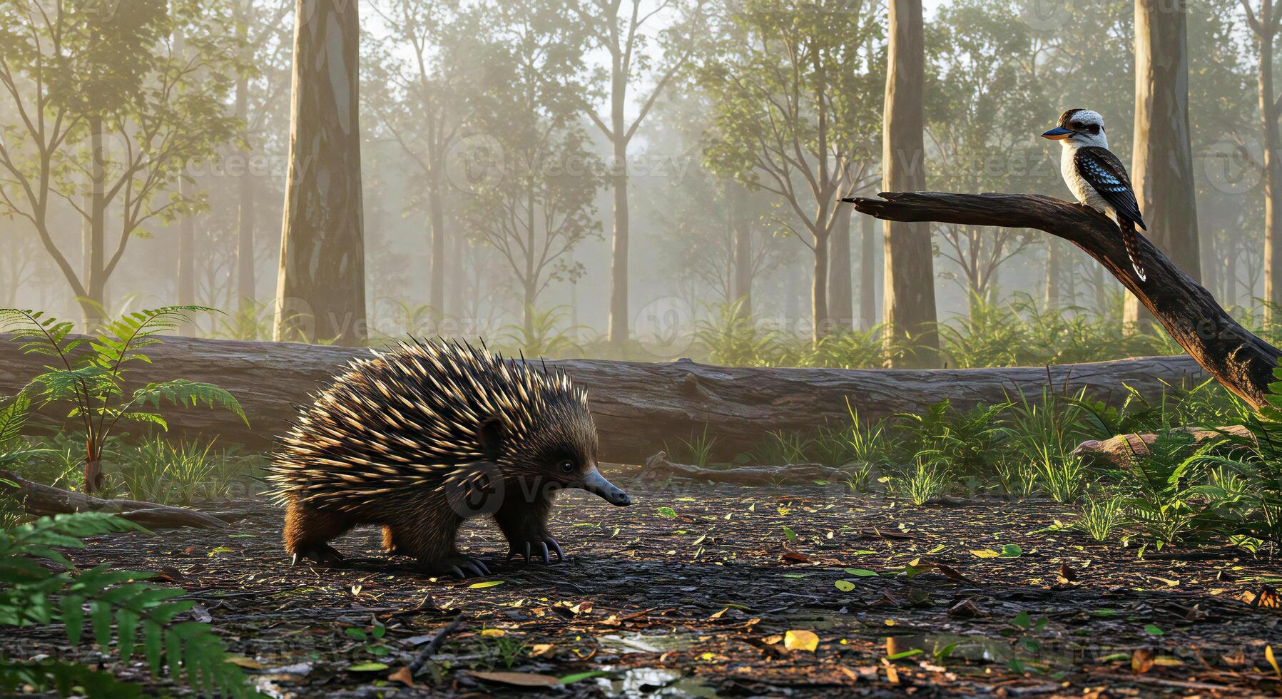 A bird and a porcupine in a forest photo