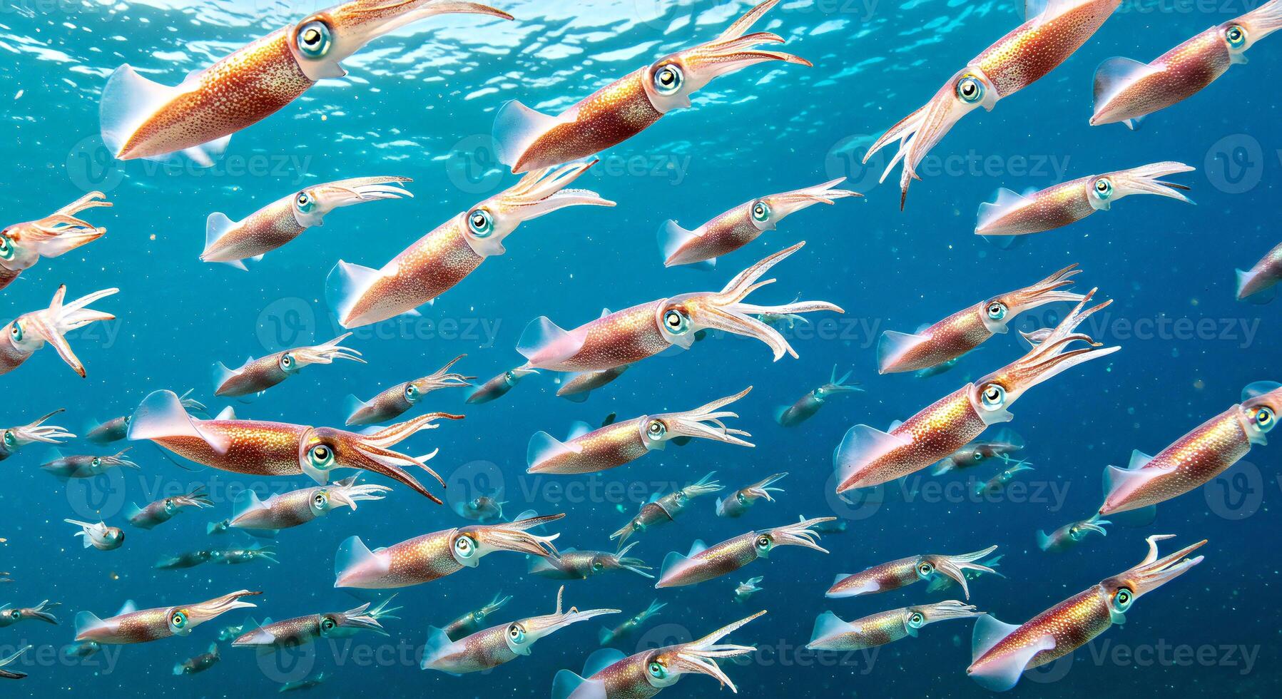 A group of squid swimming in the ocean photo
