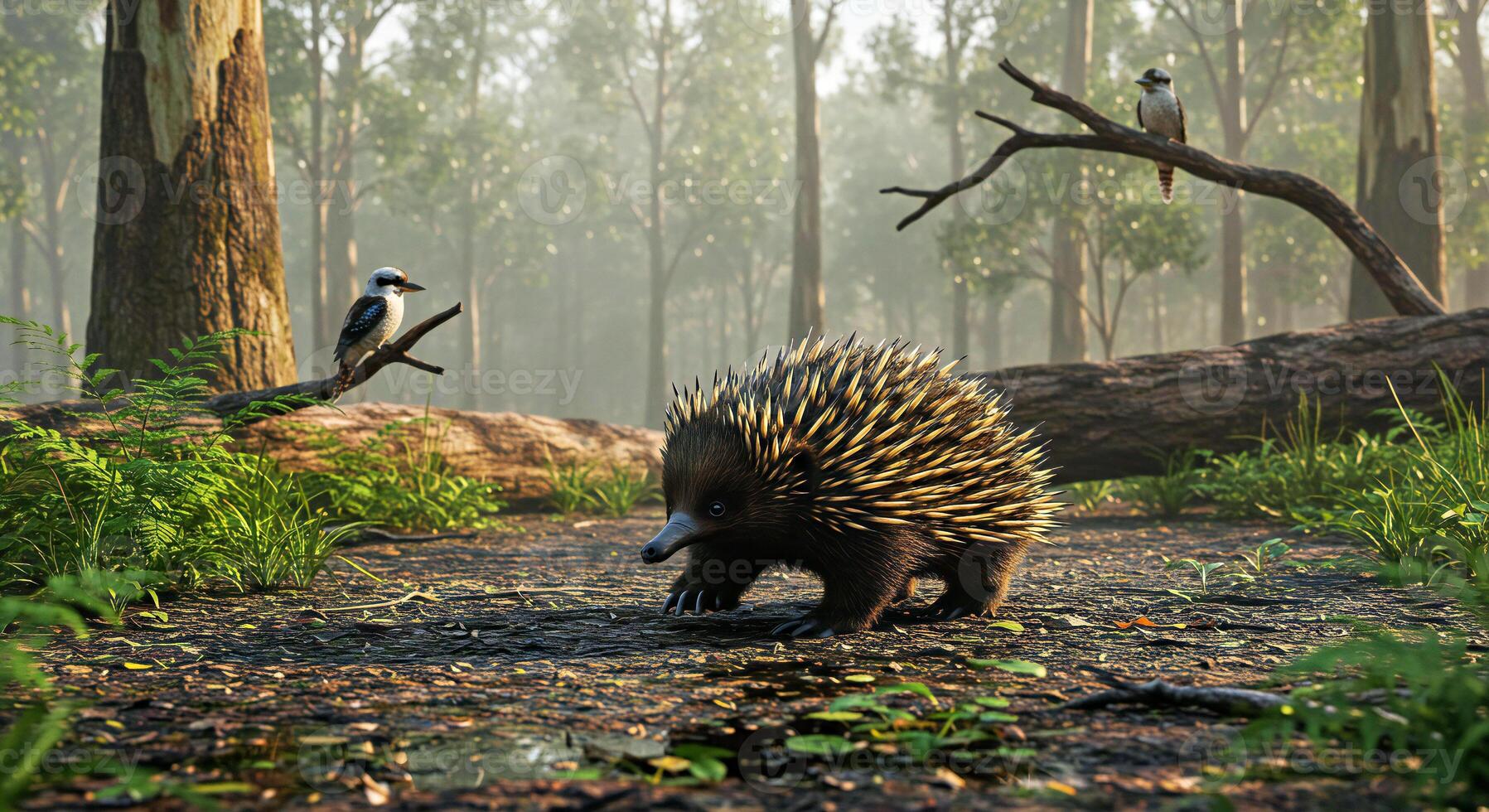 A small echidna walking through a forest photo