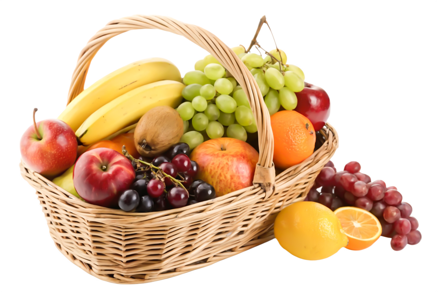 Delicious Fresh Fruit Basket Apples, Bananas, Grapes, Oranges, and More png