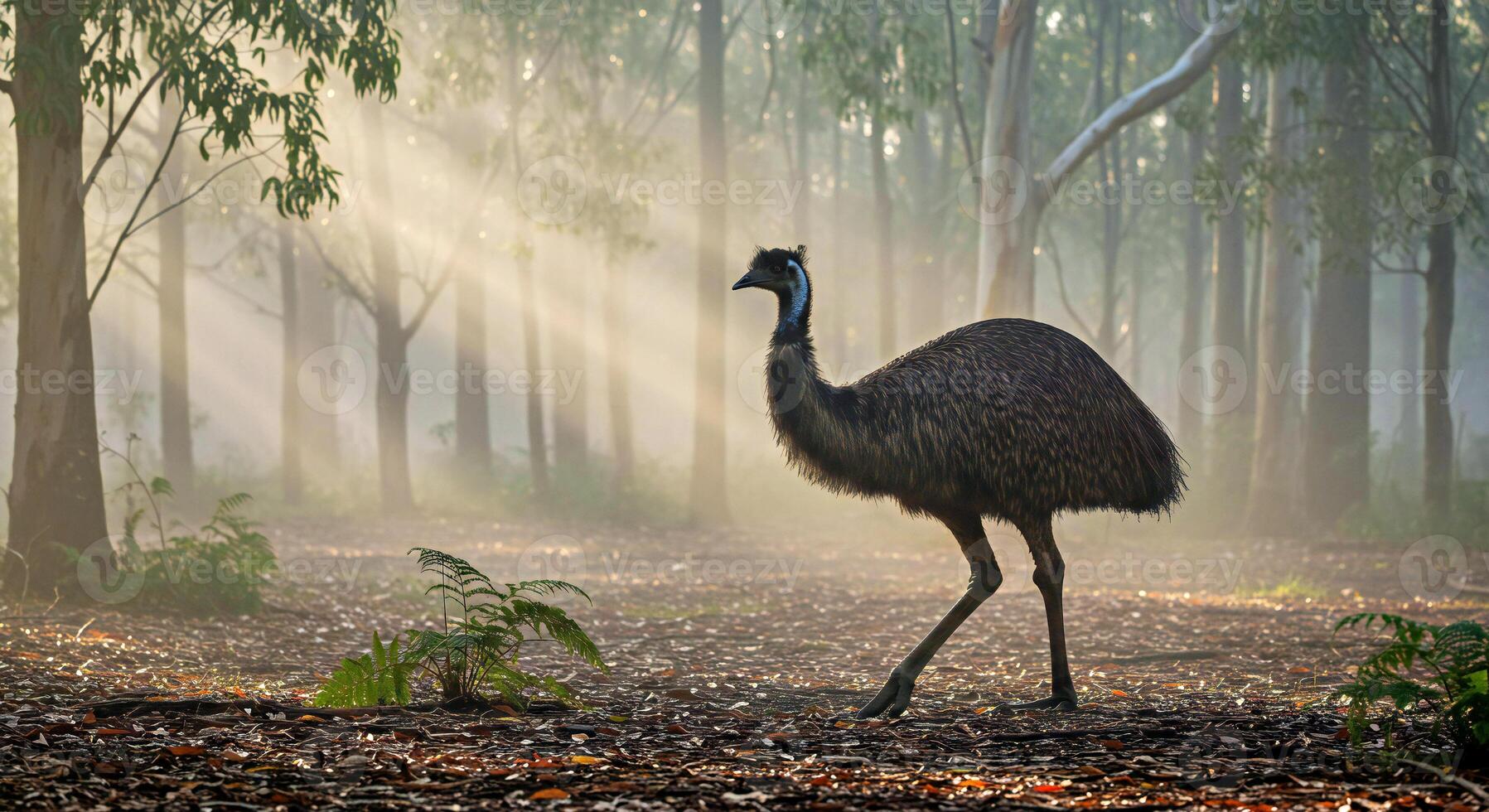 A bird walking through a forest with trees and sunbeams photo