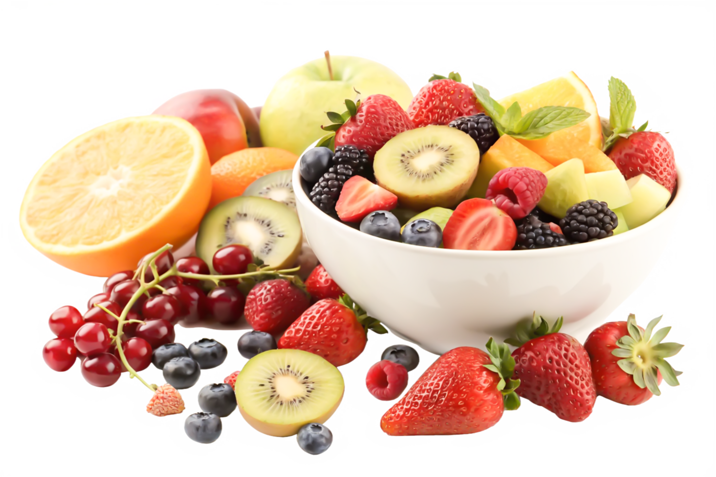 Delicious Fresh Fruit Salad in Bowl, Strawberries, Kiwi, Berries, Healthy Eating png