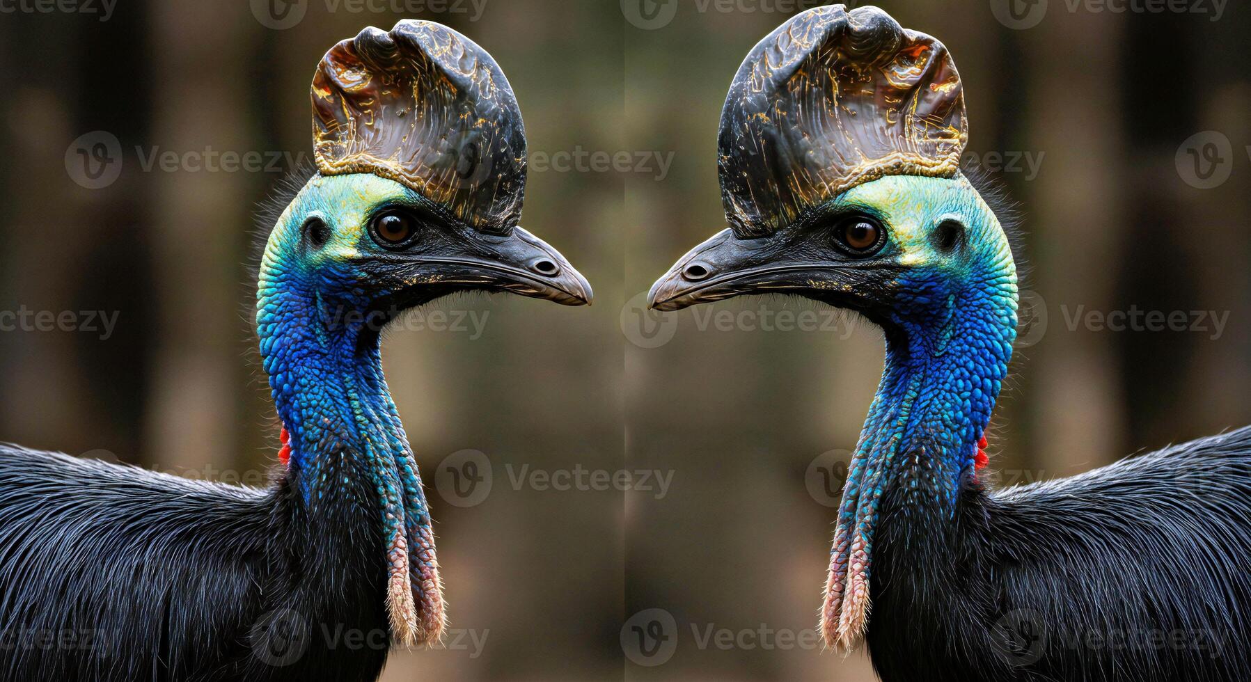 Two birds with different colored feathers standing next to each other photo