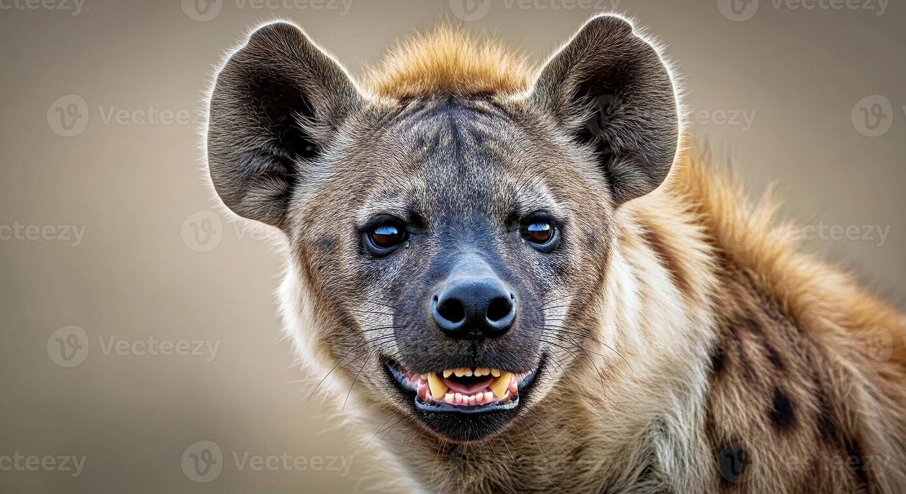 A hyena with its mouth open and a big smile photo