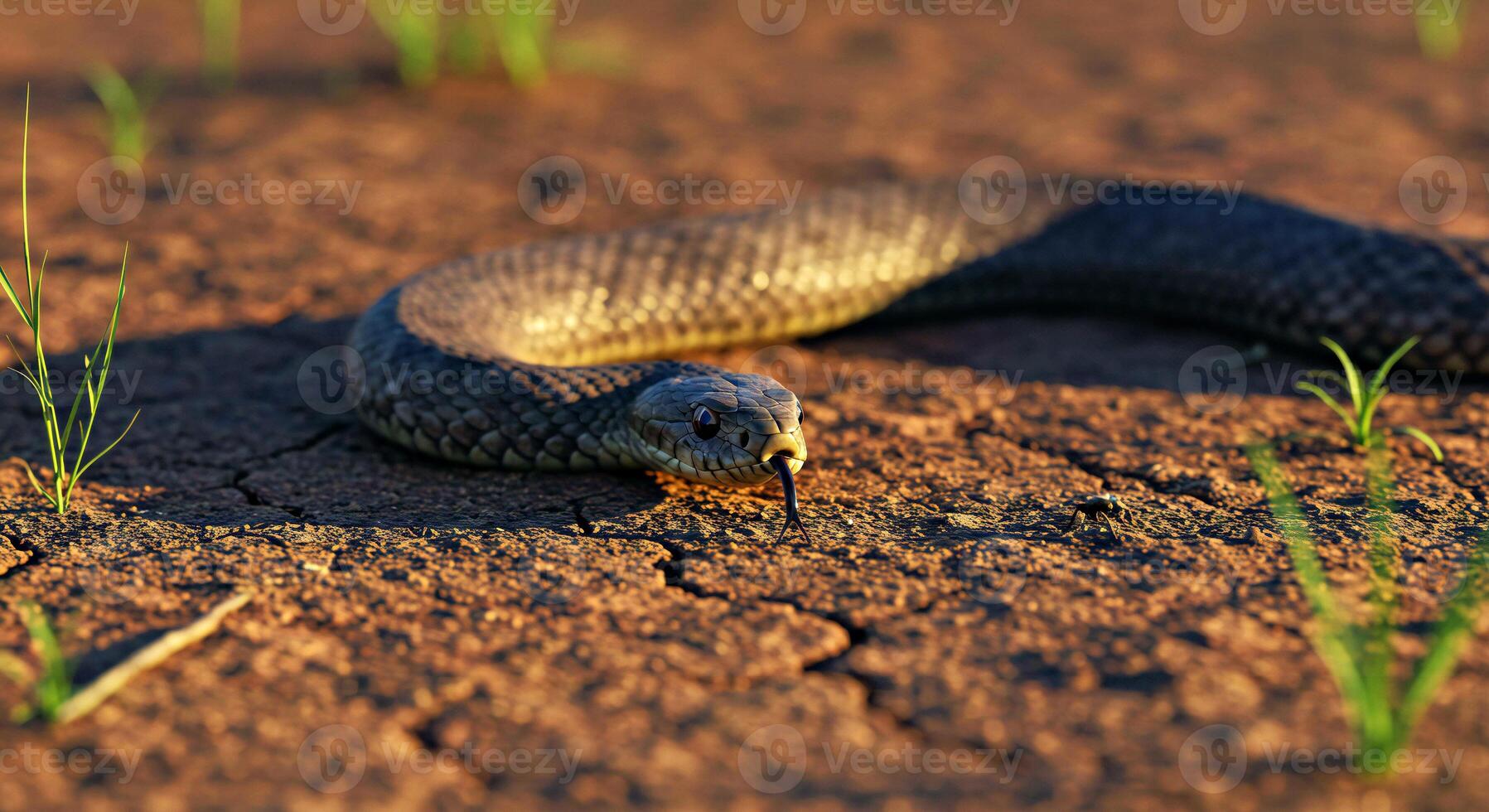 A snake laying on the ground in the sun photo