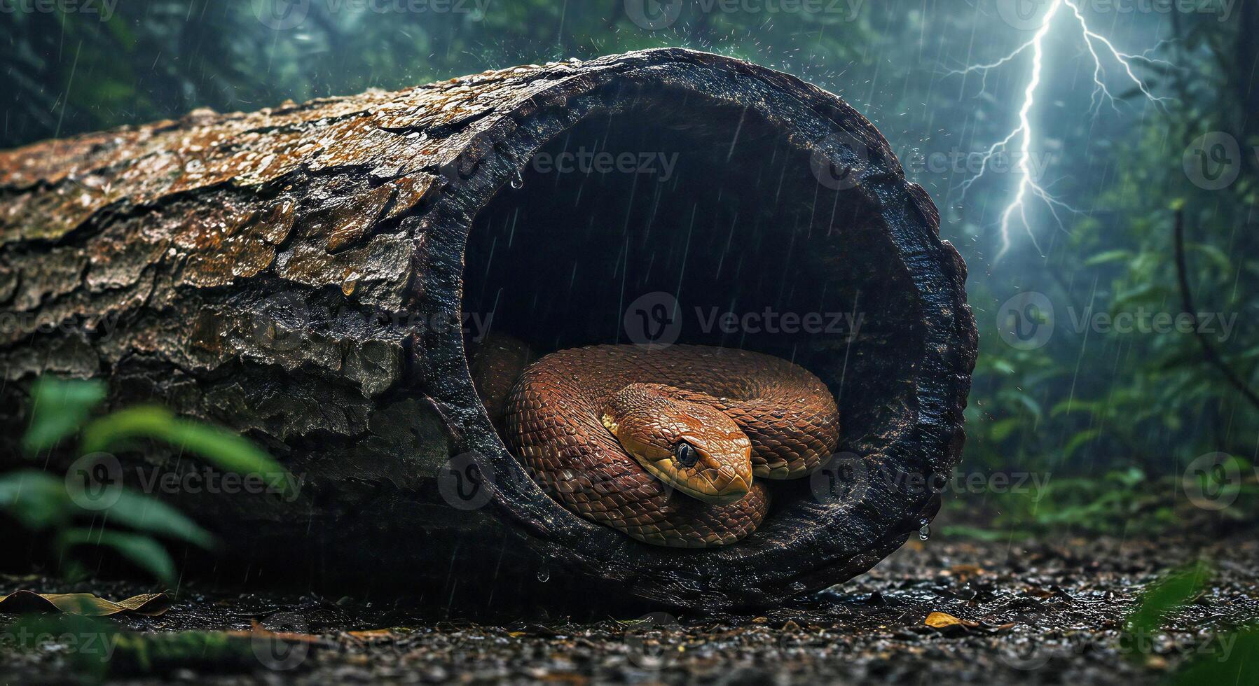 Snake in a log in the rain photo