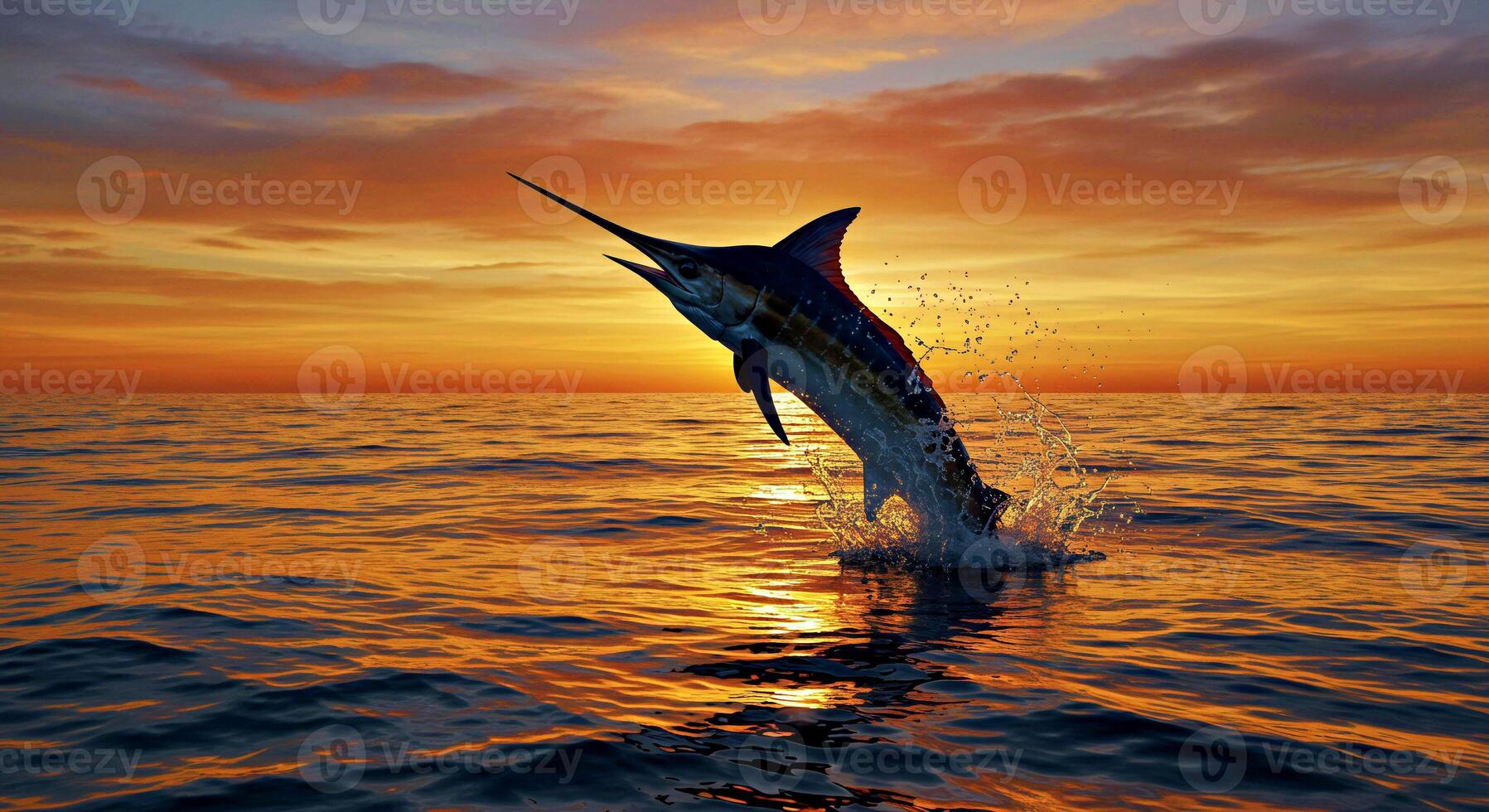 A marlin jumping out of the water at sunset photo