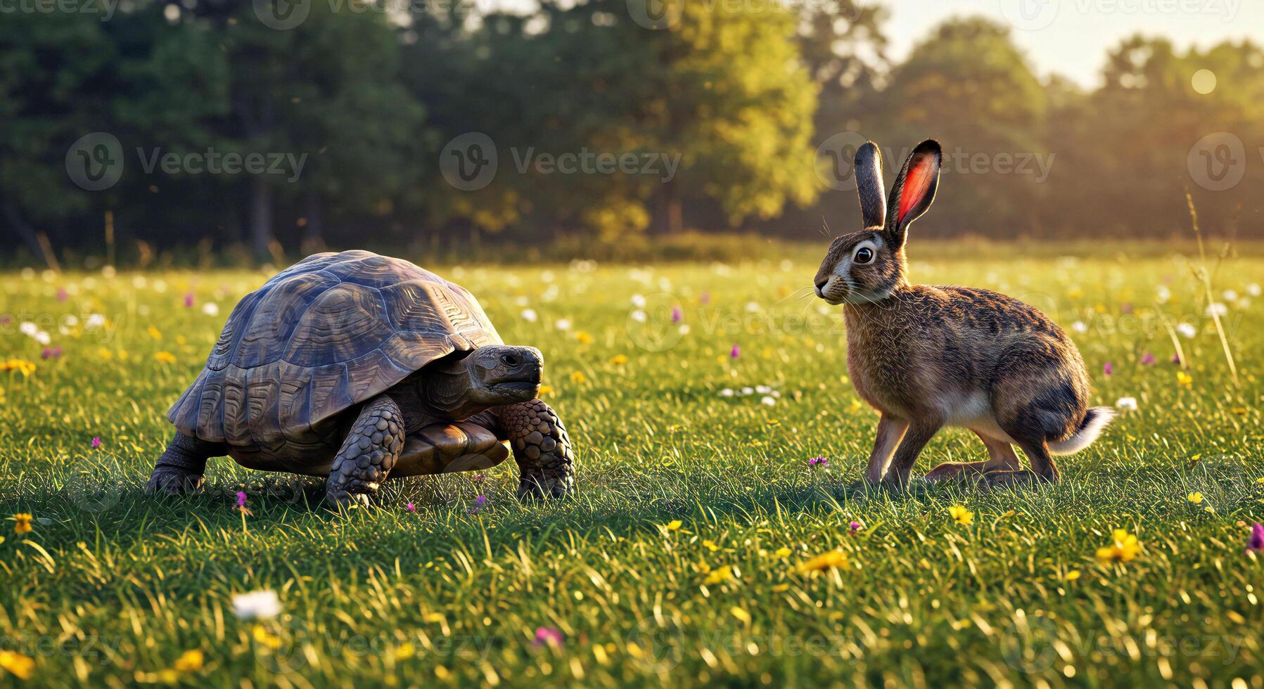 A rabbit and a tortoise in a field photo