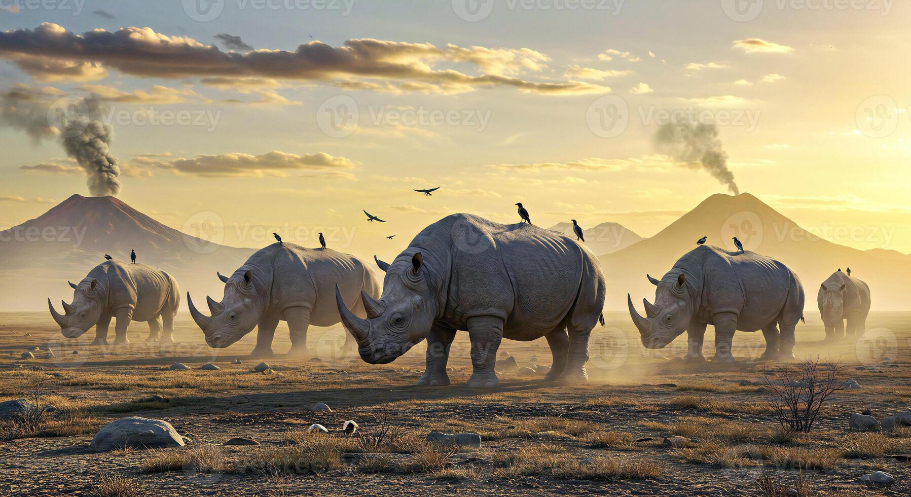 A herd of rhinos walking in a field photo