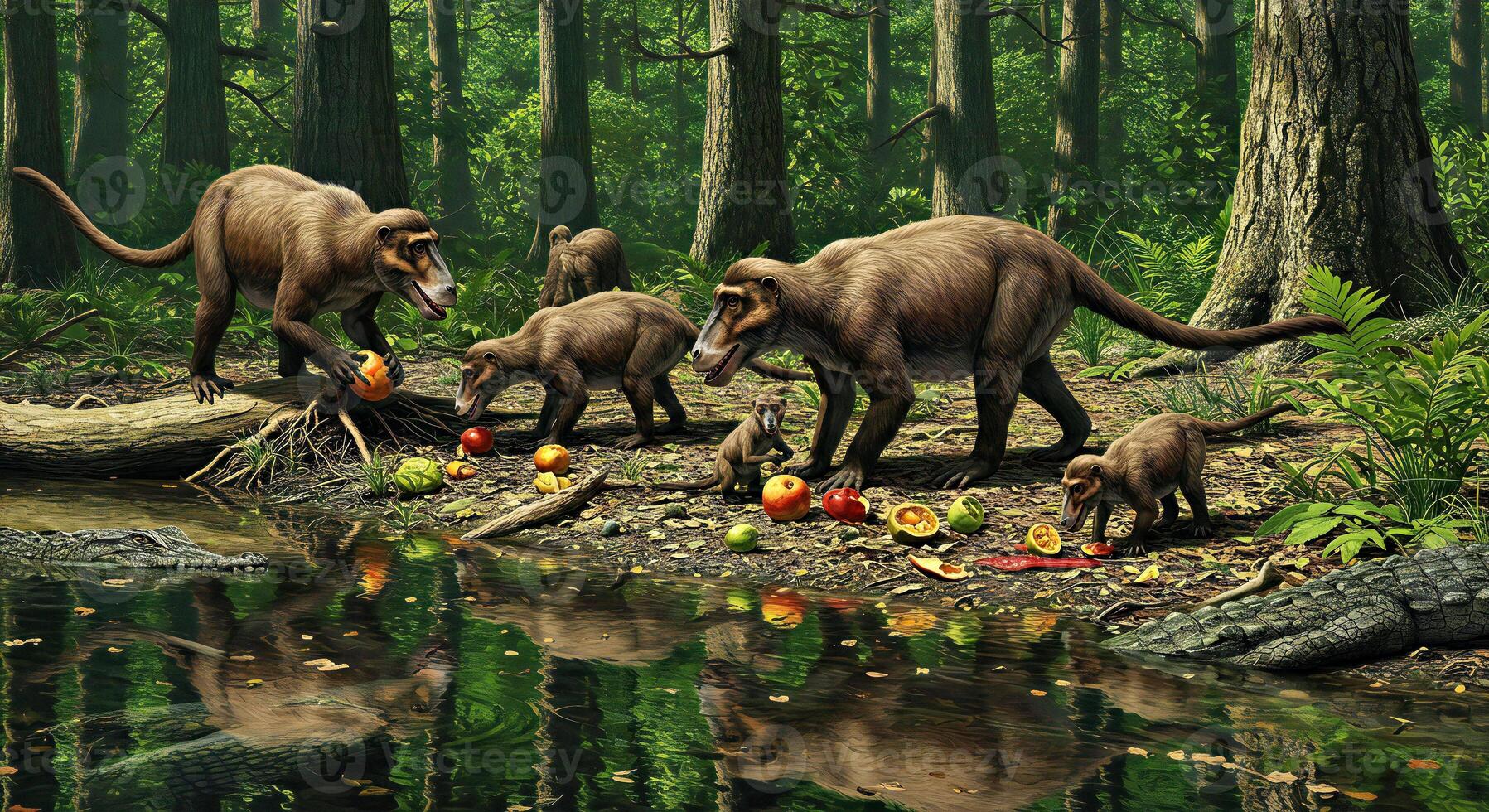 A group of animals eating fruit in the woods photo