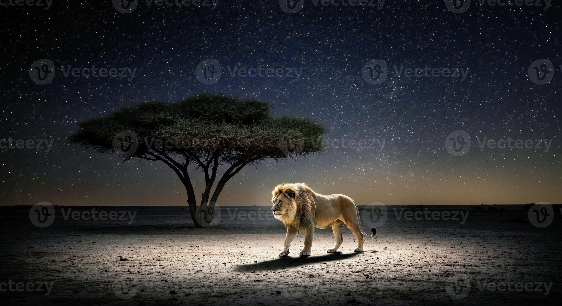A lion stands in the middle of a field at night photo