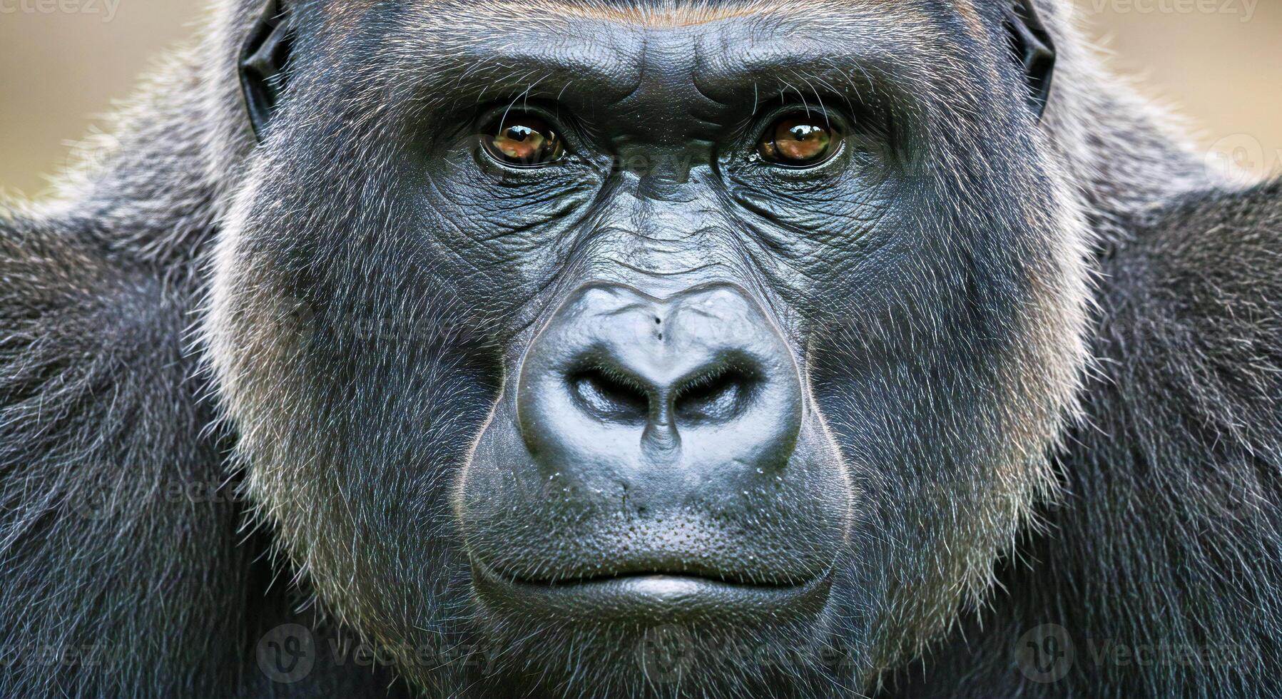 A close up of a gorilla with a big brown face photo