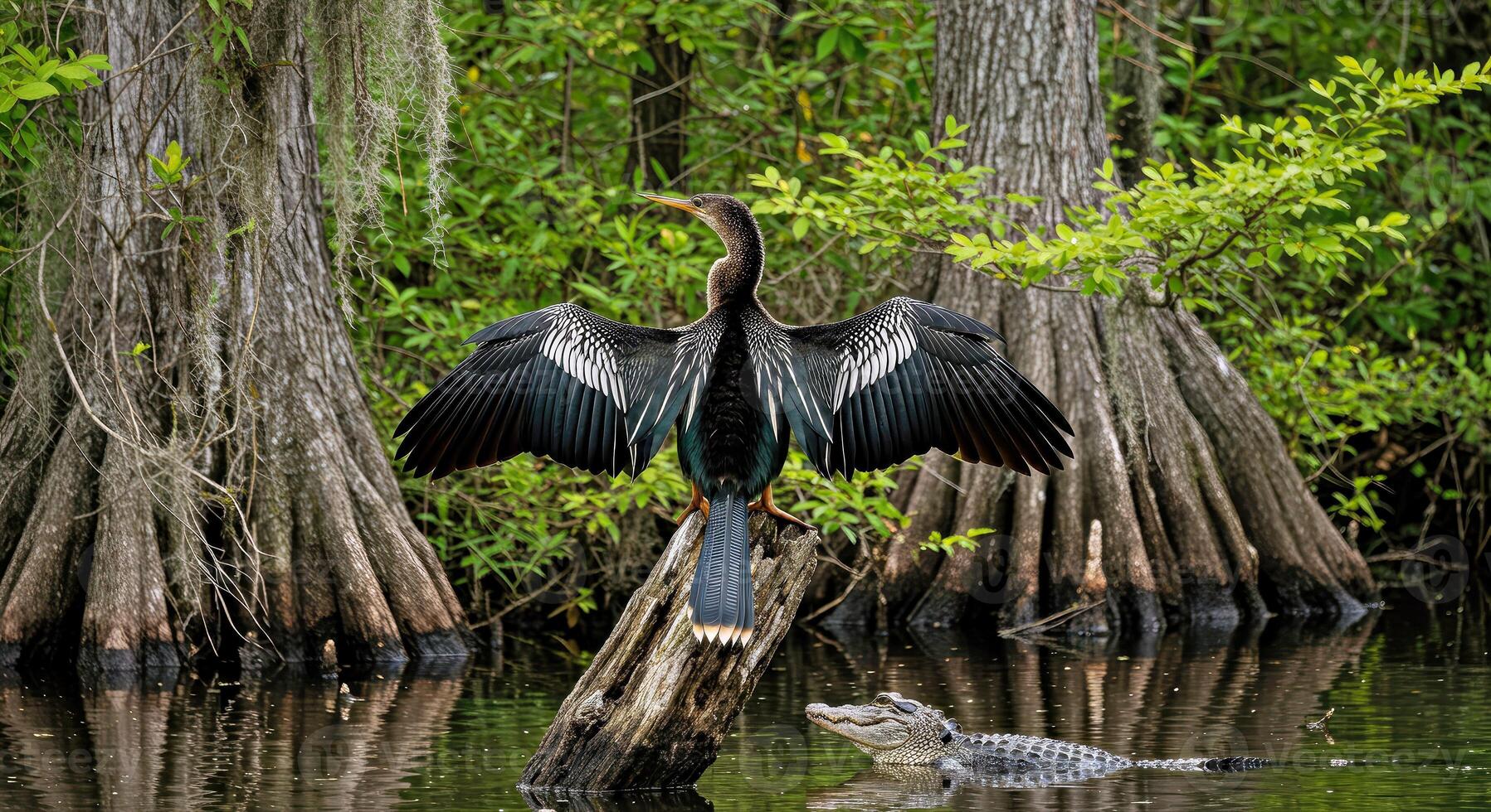 A bird with wings spread out on a tree stump photo